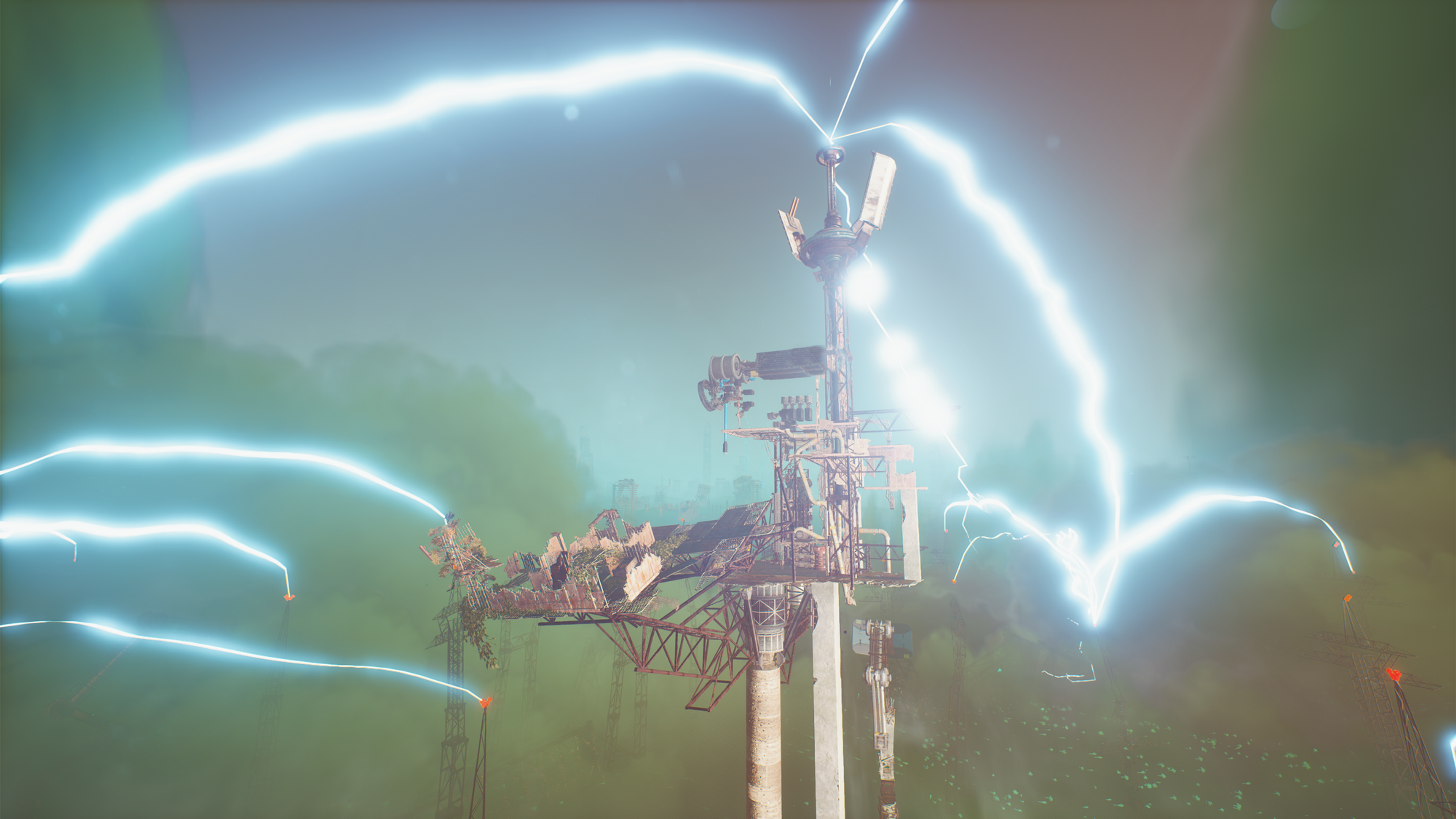 Official Forever Skies image showing a lightning tower structure surrounded by bright electrical arcs above the dust.
