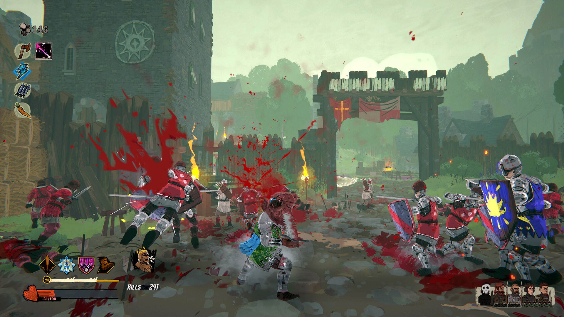 Official Tears of Metal screenshot showing several fighters charging through a grassy battlefield during a chaotic medieval skirmish.