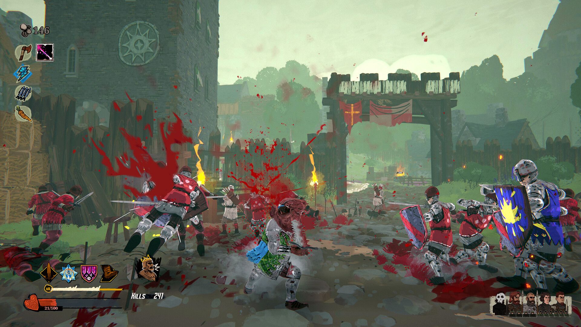 Official Tears of Metal screenshot showing several fighters charging through a grassy battlefield during a chaotic medieval skirmish.