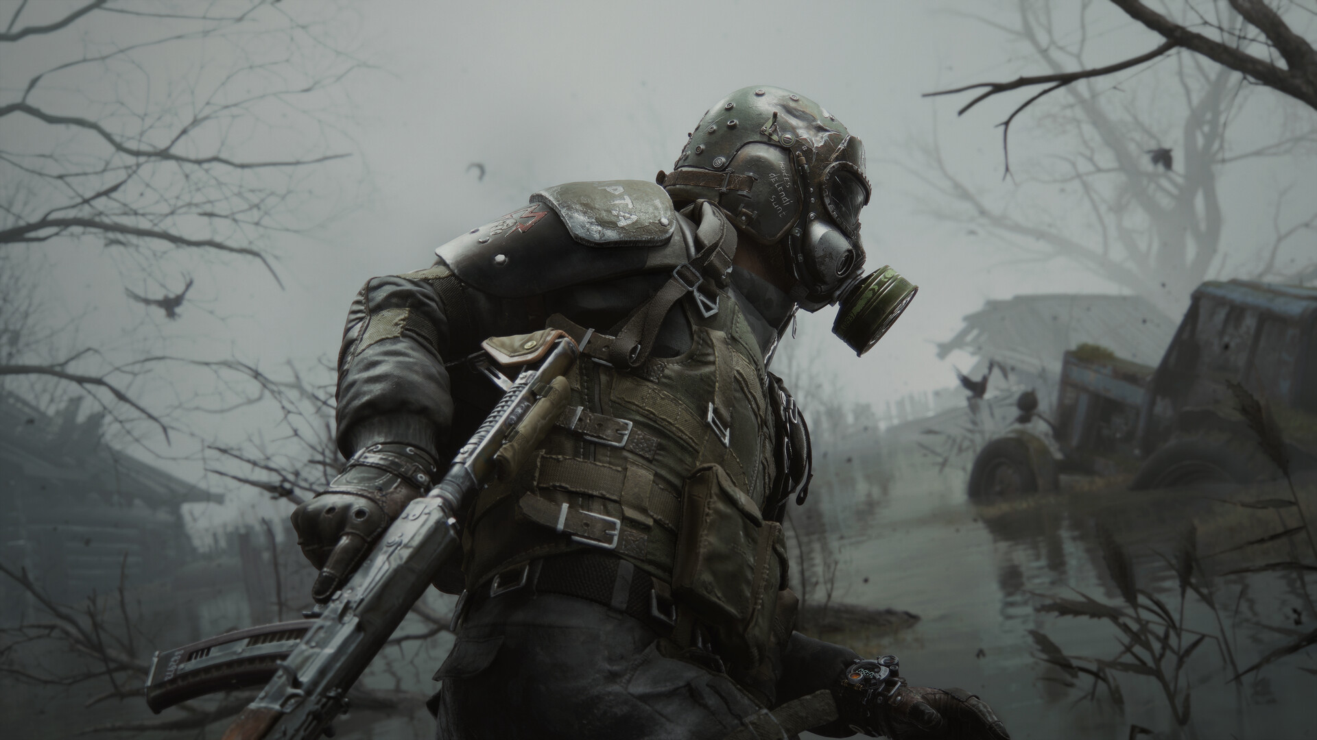 Official Metro 2039 screenshot showing the Stranger in a dim urban ruin.