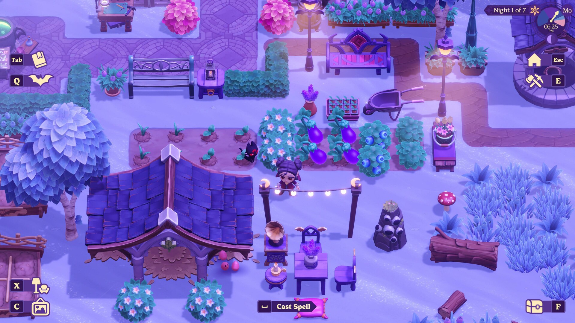 Official Moonlight Peaks Steam screenshot showing a small farm plot at dusk with purple lighting, eggplants, berry bushes, and a player character standing near a cottage.