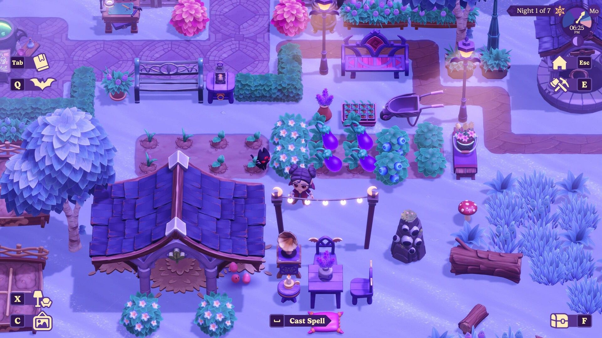 Official Moonlight Peaks Steam screenshot showing a small farm plot at dusk with purple lighting, eggplants, berry bushes, and a player character standing near a cottage.