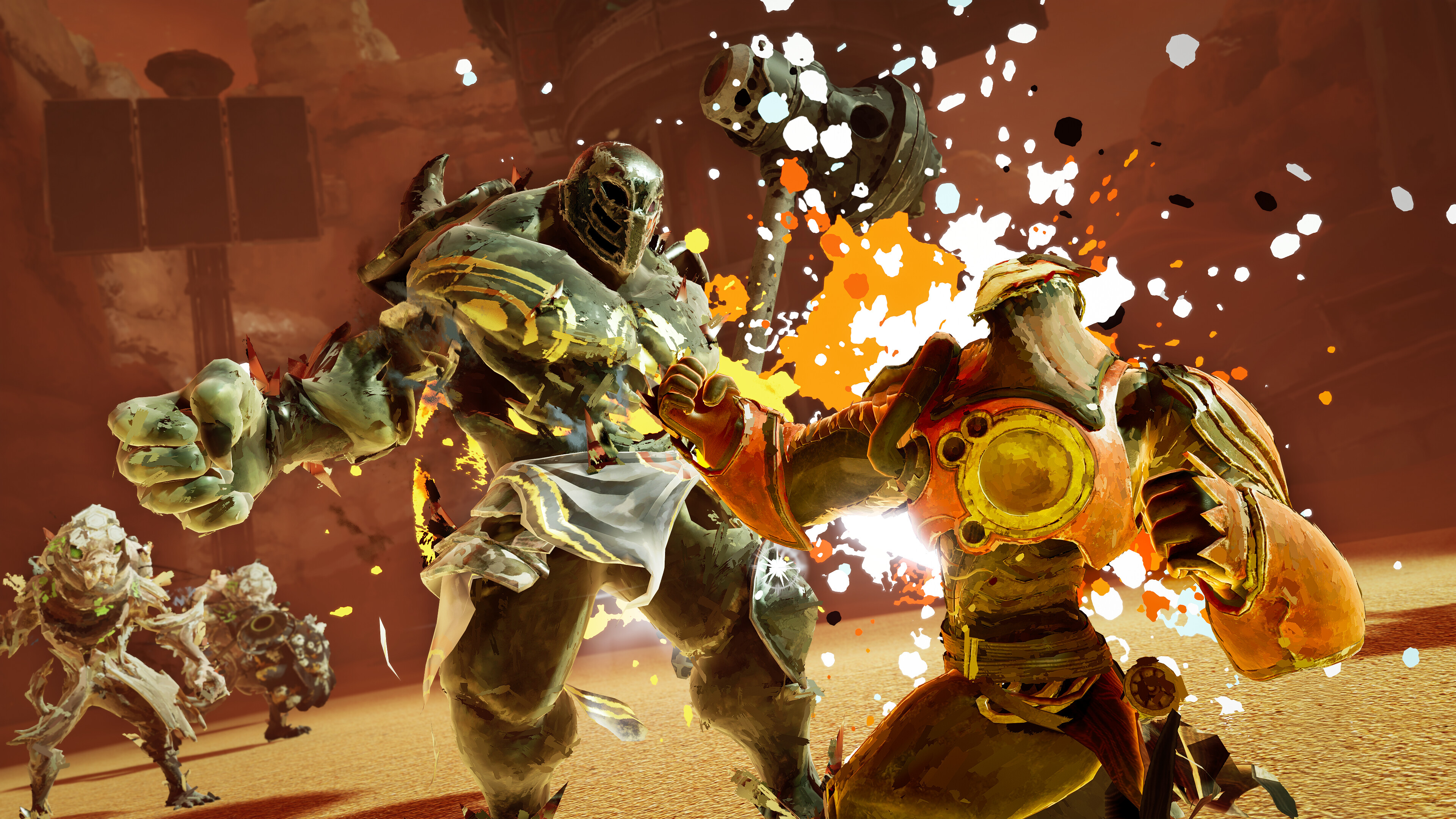 Official Elta image showing Victus striking a large armored enemy amid orange impact effects.