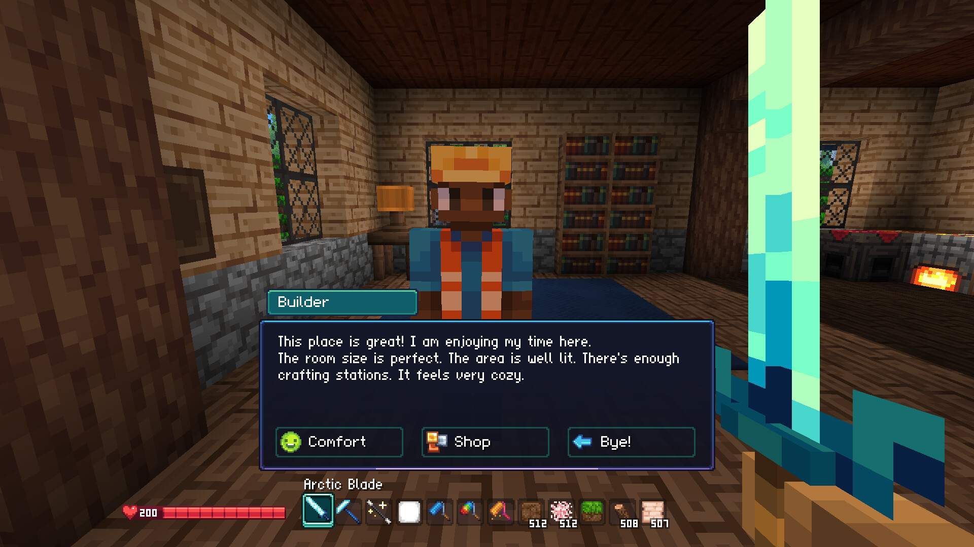 Official Allumeria screenshot showing a bright voxel landscape and building-focused exploration.