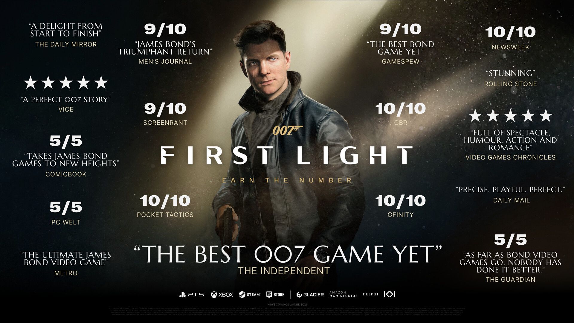 Official 007 First Light screenshot showing Bond in a firefight beside a vehicle.