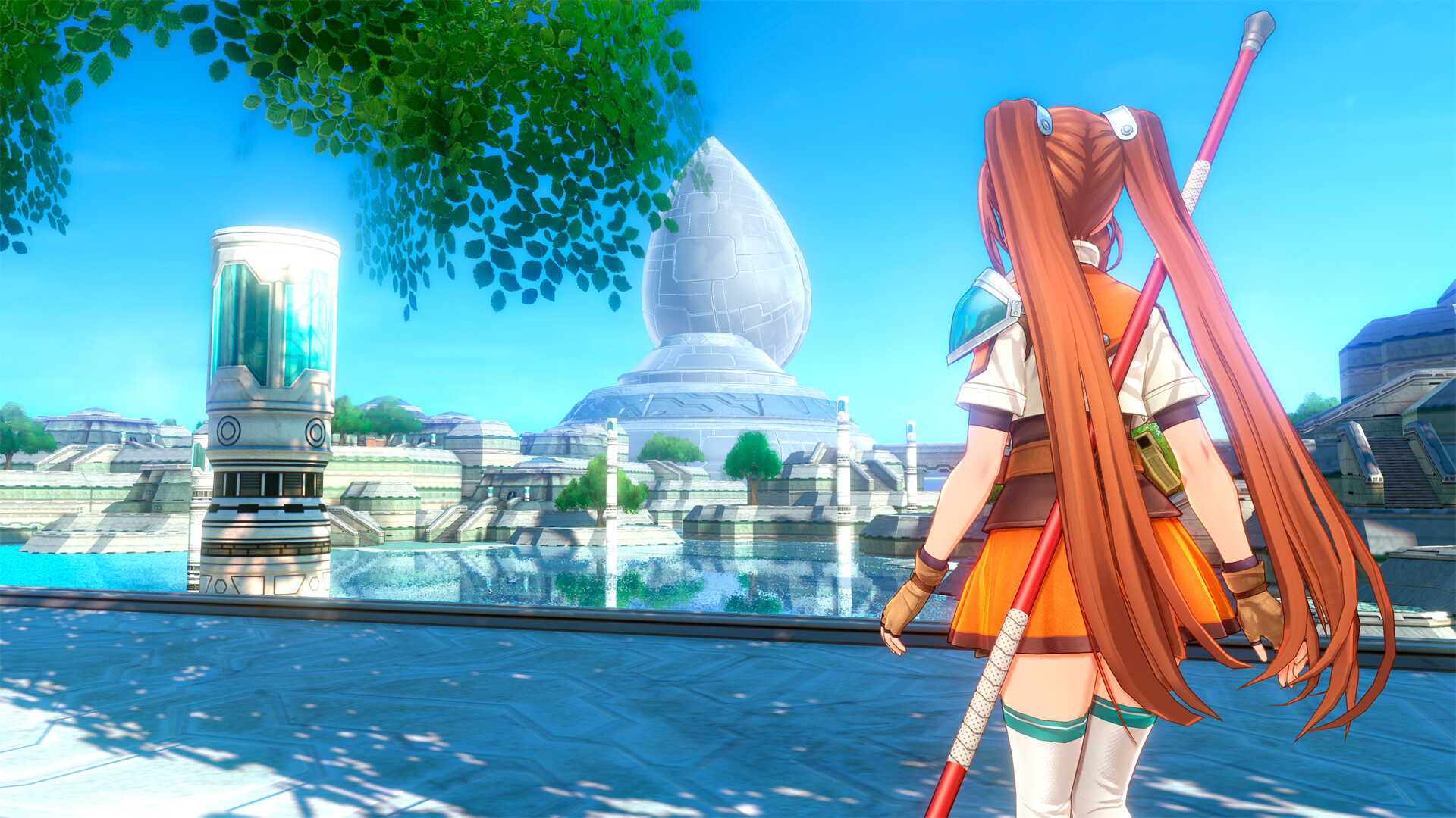Oficjalny screenshot z Trails in the Sky 2nd Chapter pokazujący Estelle i sojuszników w jasnej scenie miejskiej.