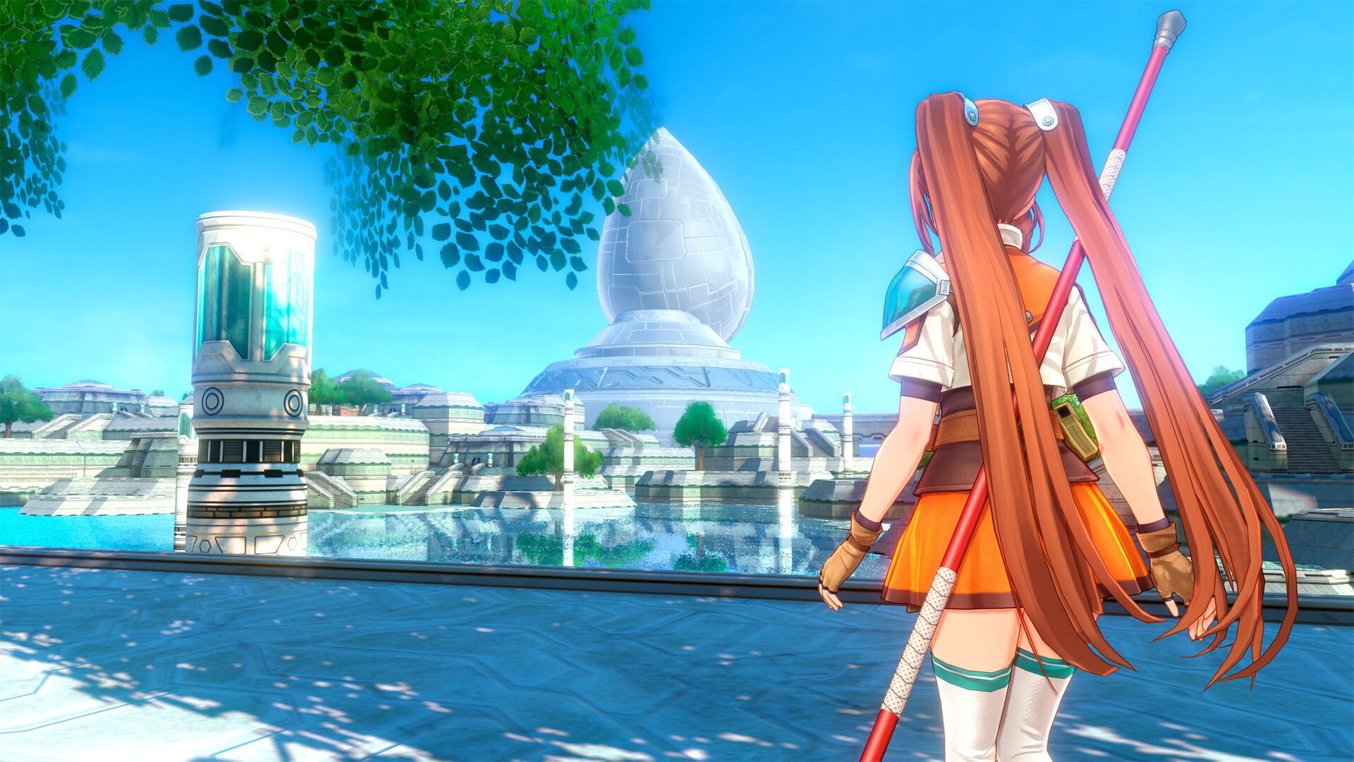 Oficjalny screenshot z Trails in the Sky 2nd Chapter pokazujący Estelle i sojuszników w jasnej scenie miejskiej.