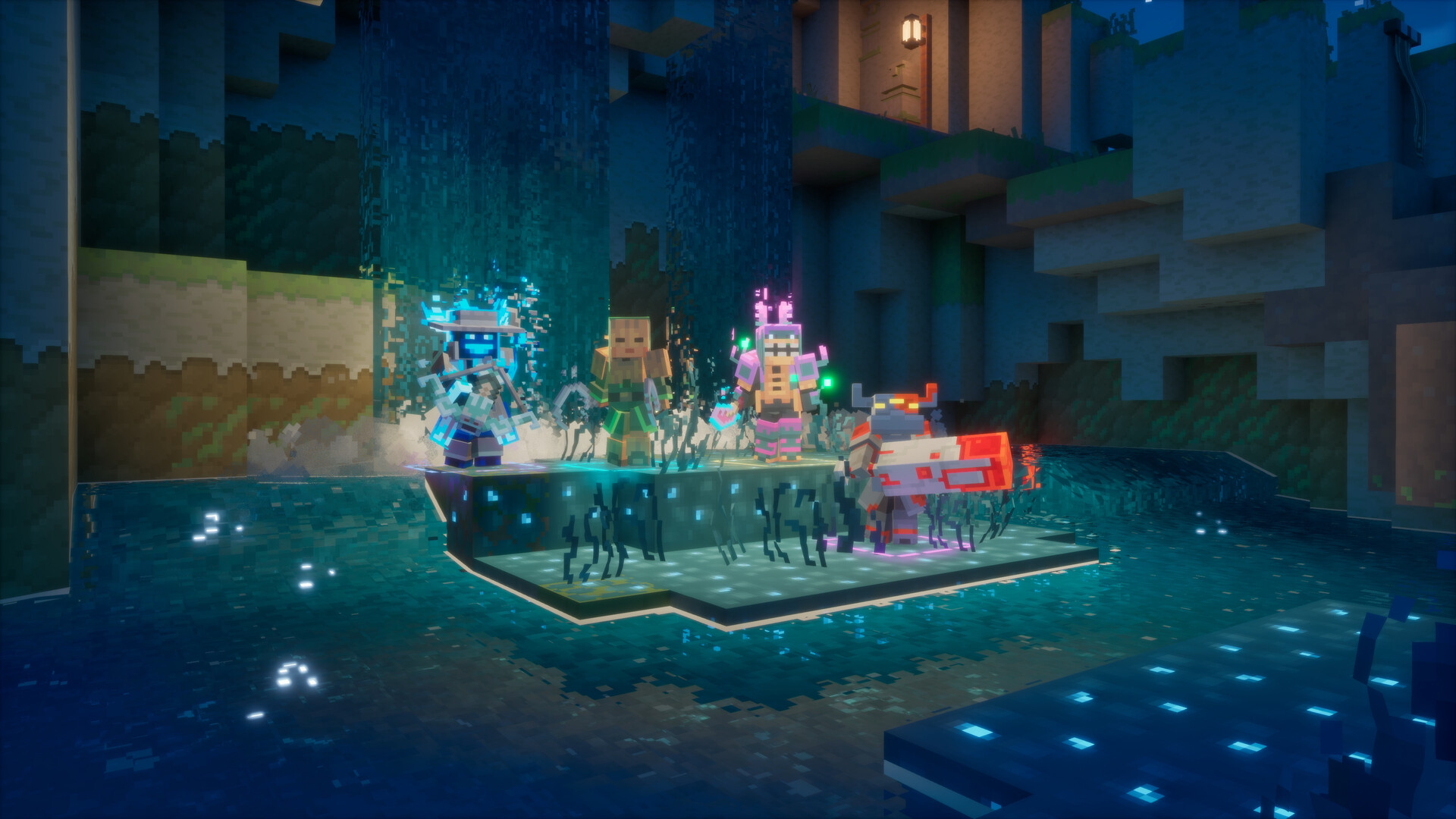 Official Minecraft Dungeons II gameplay screenshot showing heroes battling enemies in a bright Sift combat scene.