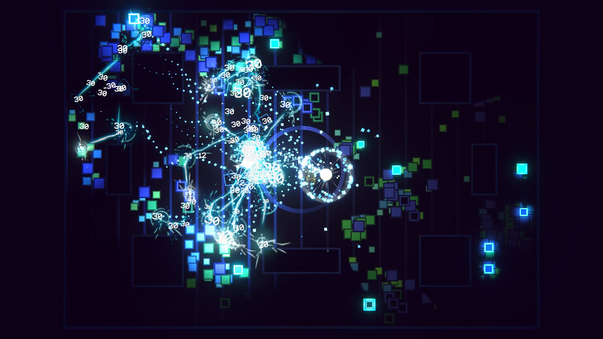 Official FEED THE AI gameplay screenshot showing glowing blue and green squares, damage numbers, and a compact arena layout.