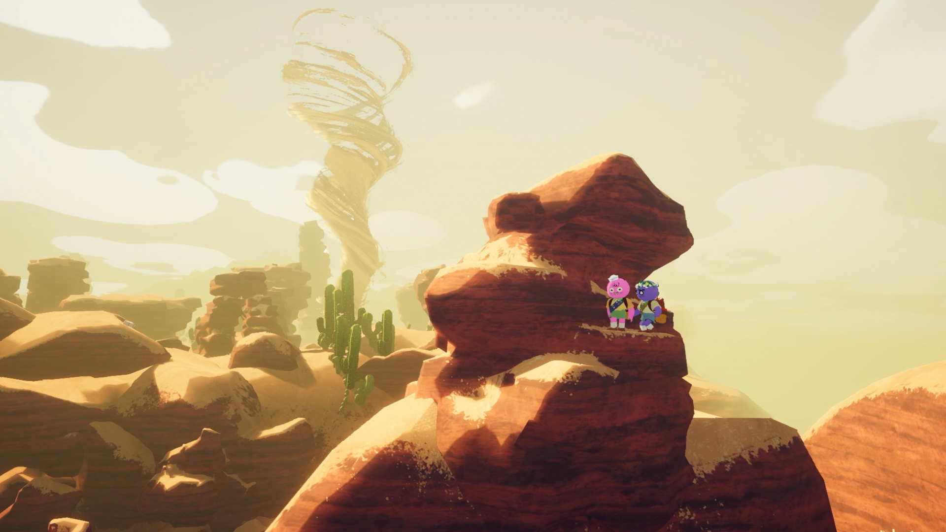 Two scouts stand together on an orange rock shelf while a tornado rises in the distance.