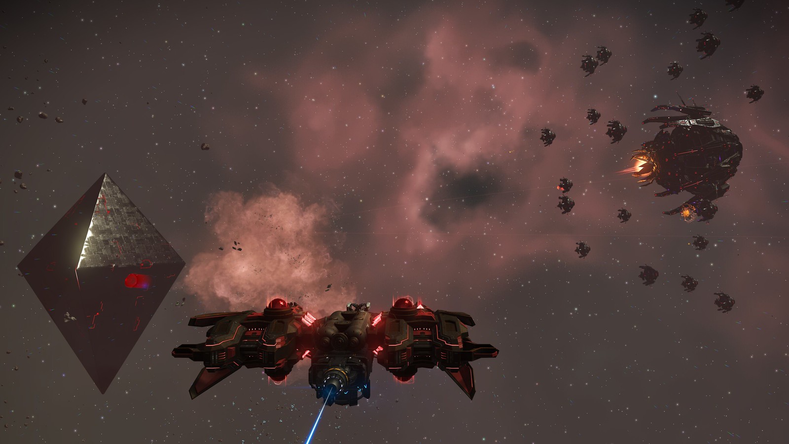 Official No Man's Sky The Swarm screenshot showing ships massed in a large-scale space battle.