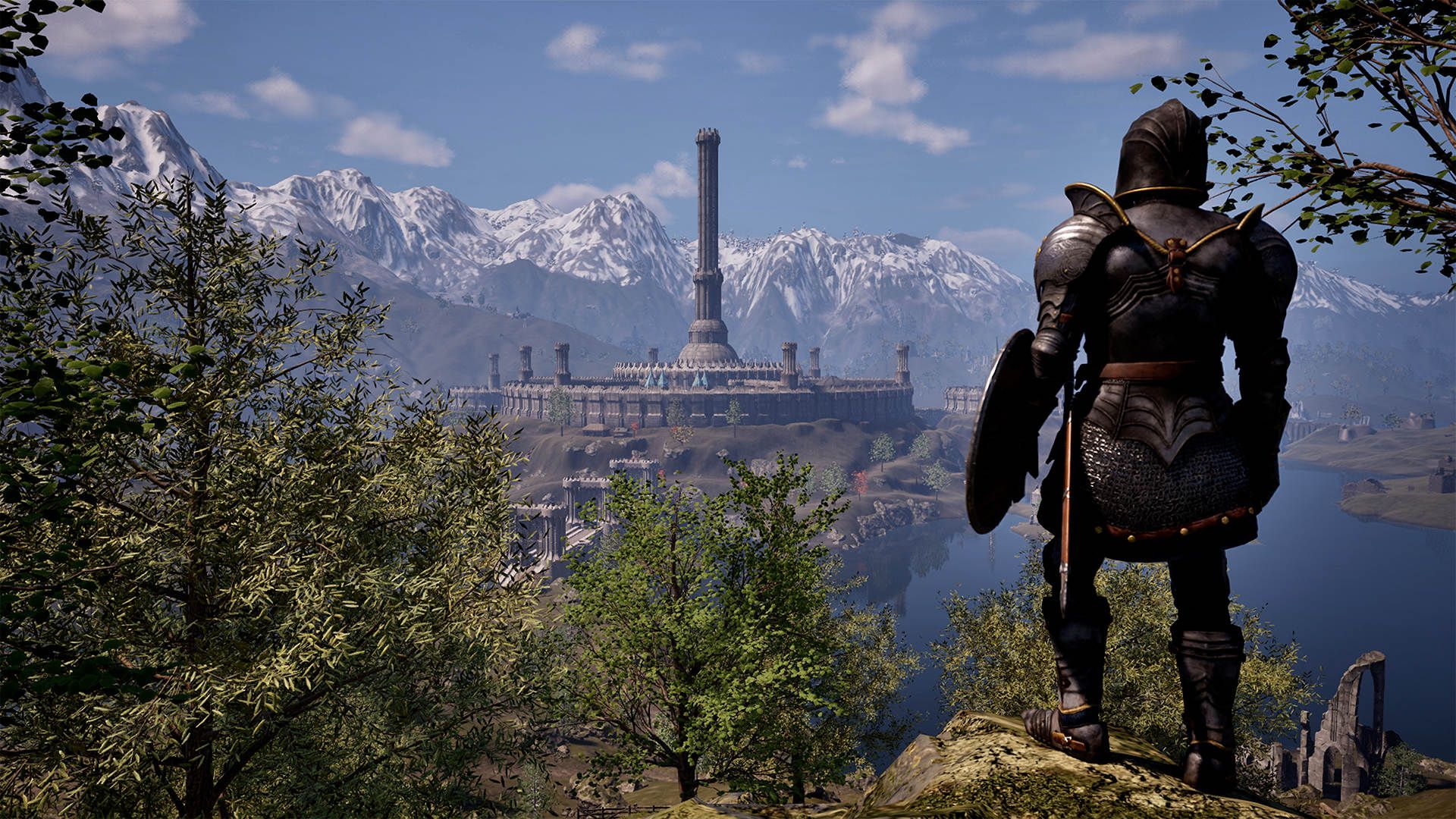 Official Nintendo Switch 2 screenshot for Oblivion Remastered showing a first-person combat scene with a raised sword inside a stone ruin.