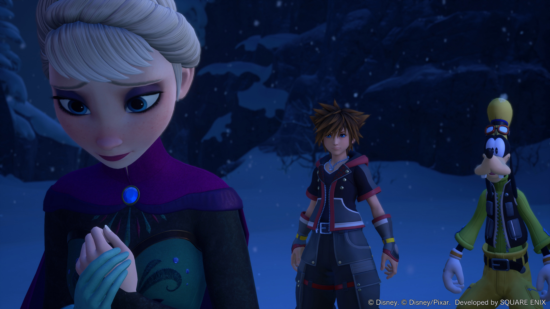 Elsa stands in a snowy forest with Sora and Goofy in an official Kingdom Hearts promotional still.