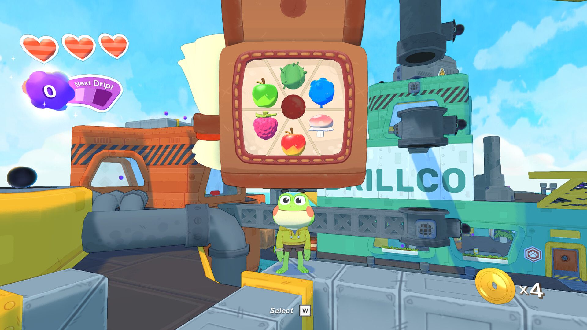Official Big Hops screenshot showing Hop standing beneath a large fruit-selector machine in an industrial area.