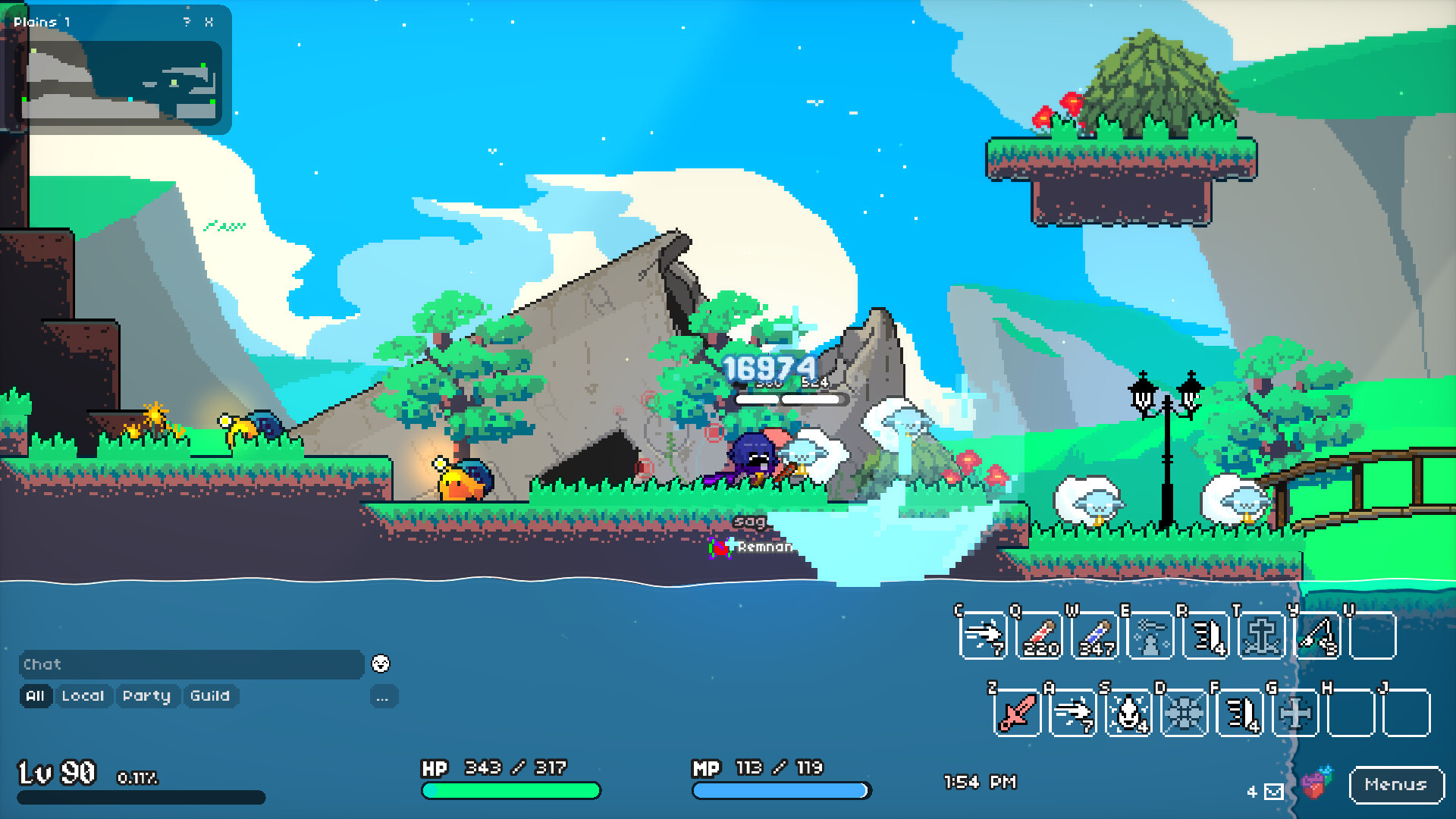 Official Soul's Remnant screenshot showing a bright side-scrolling field, party combat, and the game's MMO interface.