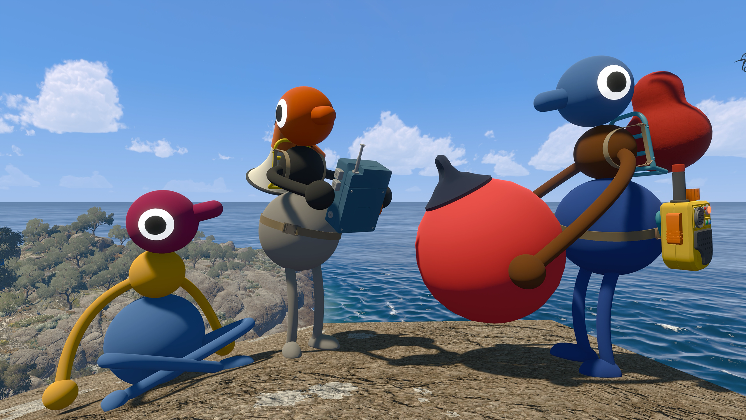 Official Big Walk screenshot showing four players gathered on a cliff with a megaphone, radio, and other tools.