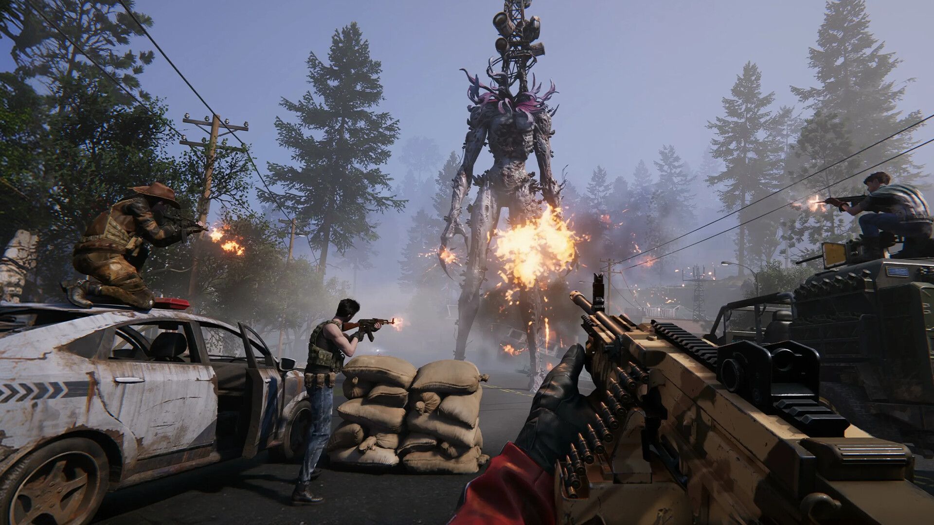 Official Once Human screenshot showing a player character exploring a large open environment with weapons drawn.