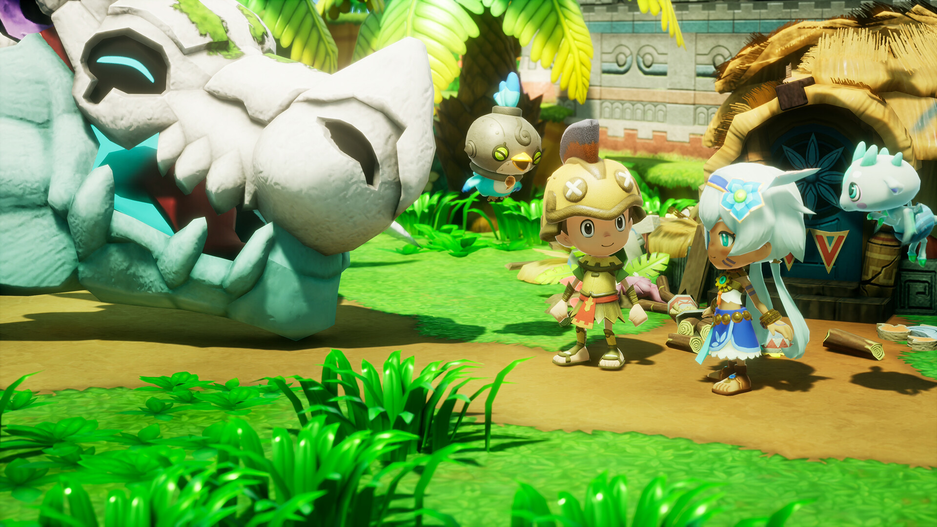 Official Fantasy Life i screenshot showing the player character in a bright town scene with companions and colorful buildings.