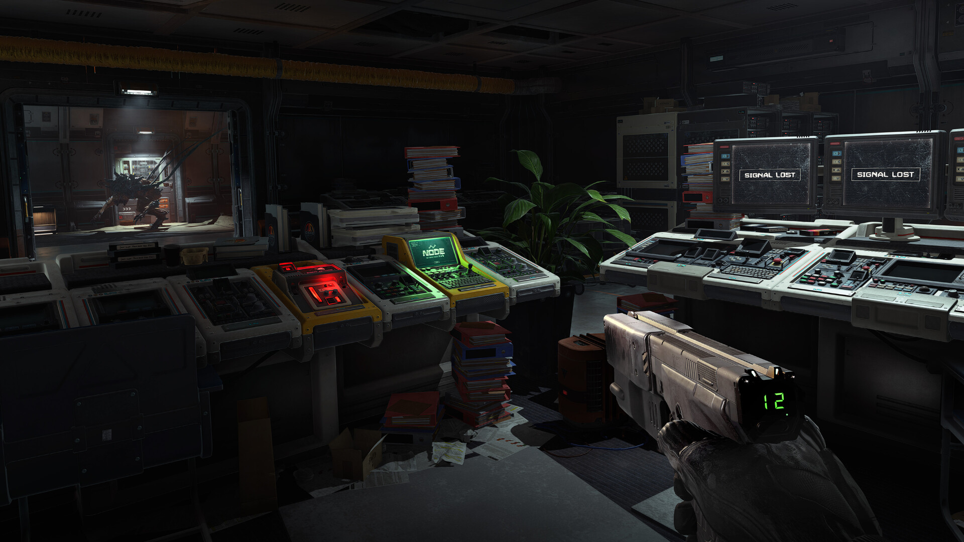 Official Alien Deathstorm screenshot showing a survivor moving through a damaged industrial environment during the Reactor mission.
