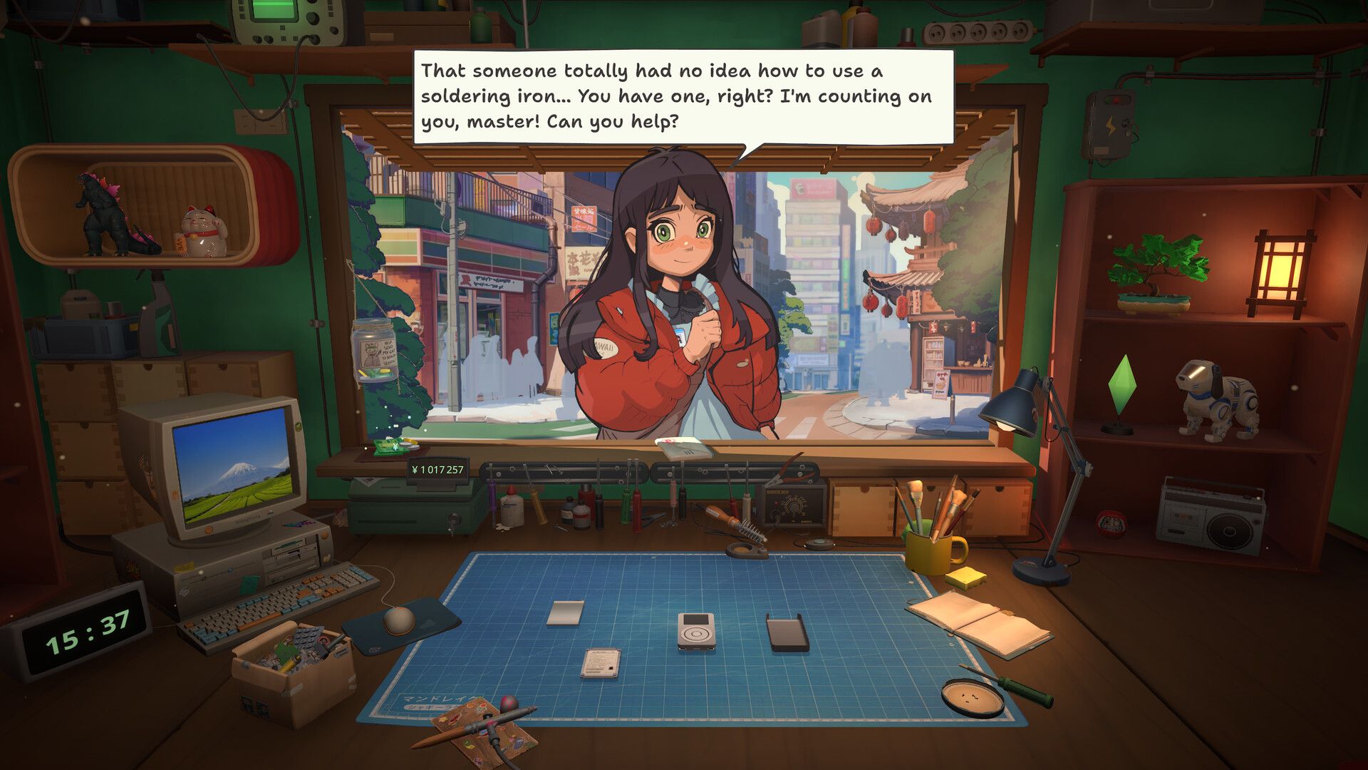 Official ReStory screenshot showing a repair bench and one of the game's device-restoration scenes from the Steam page.