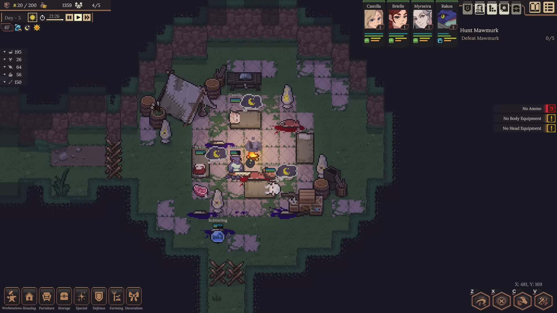 Official Dungeon Settlers screenshot showing a settlement area with several characters, buildings, and a campfire in a rocky landscape.