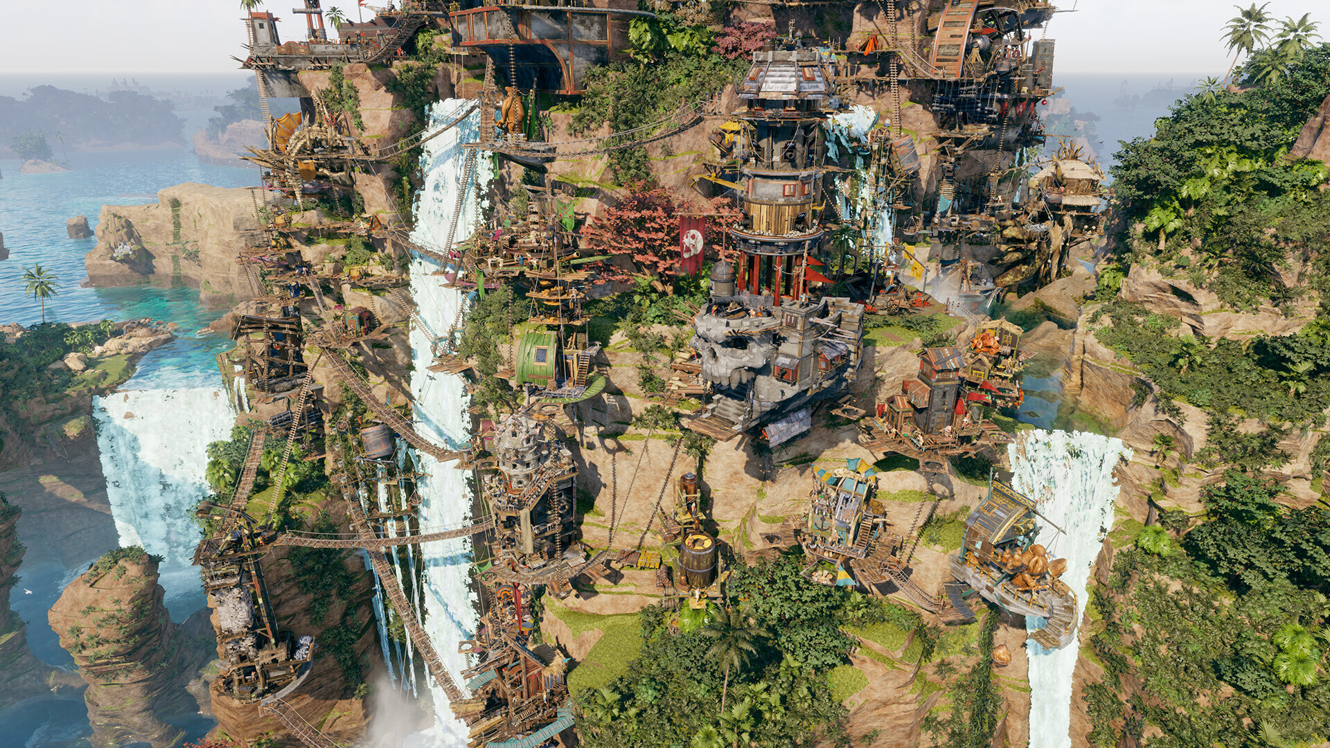 Official Corsair Cove screenshot showing a multi-level pirate settlement built across cliffs and docks.