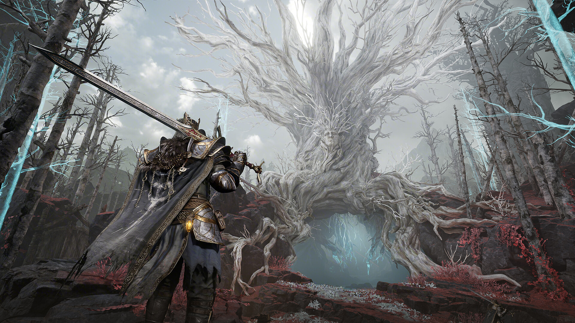Official Mistfall Hunter screenshot showing a hunter fighting a large creature in a dark stone arena with golden spell effects.