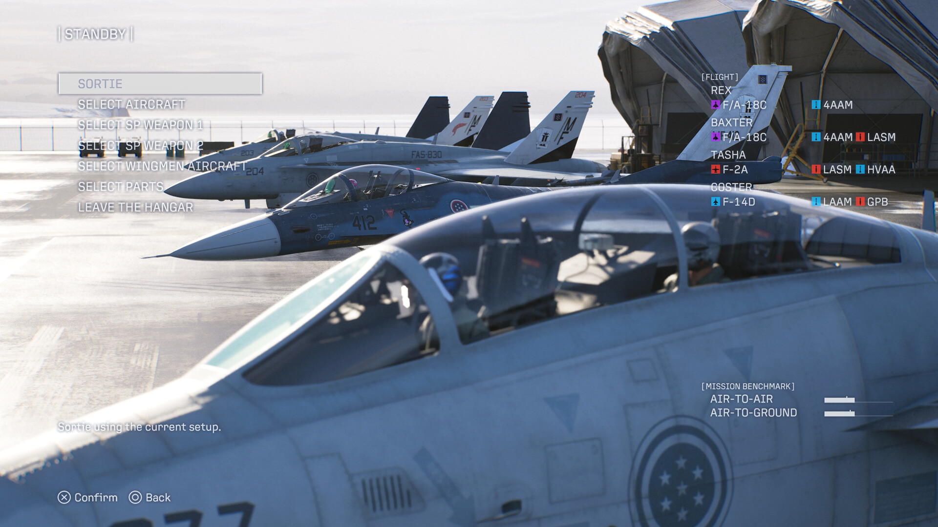 Fighter aircraft lined up beside a hangar, with a squad and weapon-selection menu overlaid.