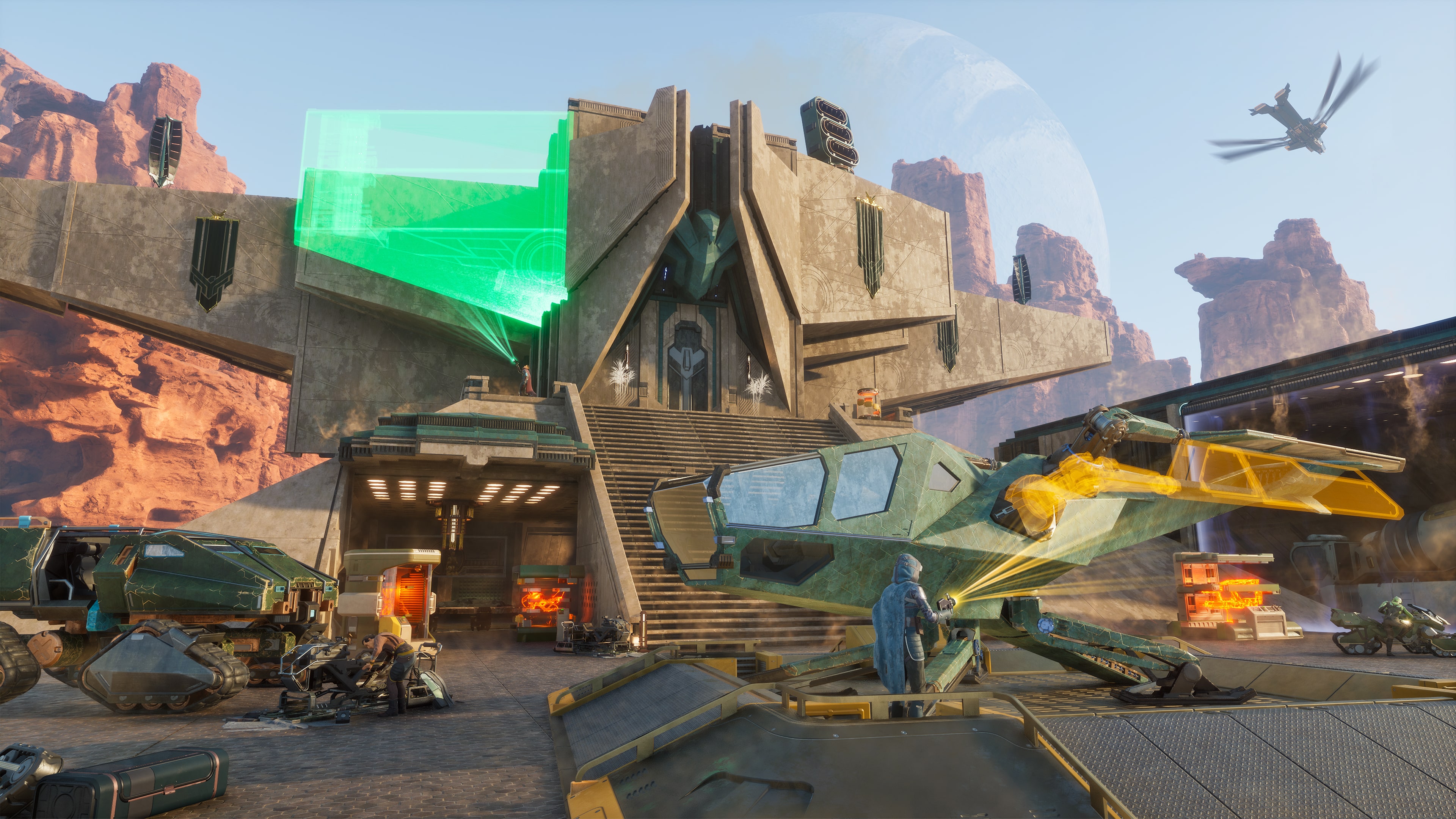 Official Dune: Awakening gameplay image showing a desert base, vehicles, and an ornithopter on Arrakis.
