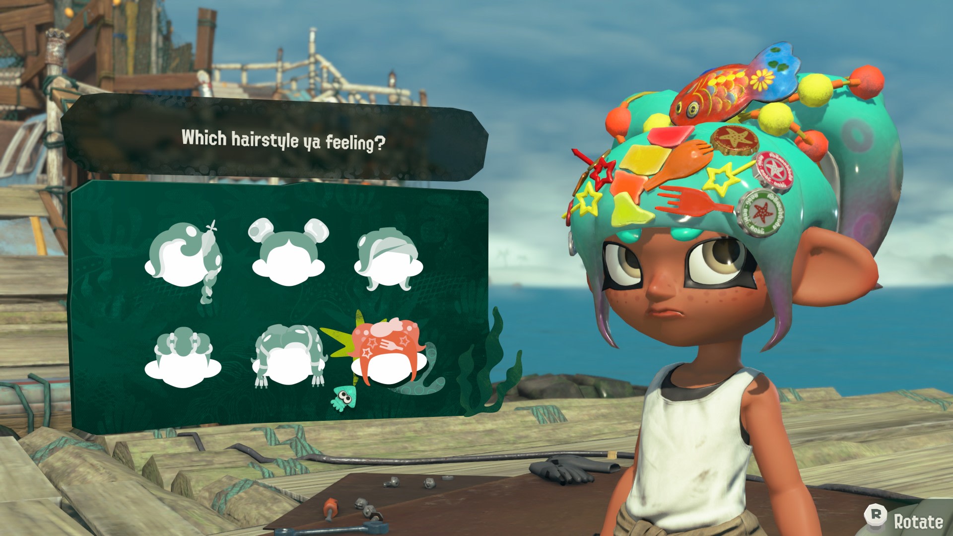 Official Nintendo Splatoon Raiders screenshot showing the player character and Deep Cut support in an island combat scene.