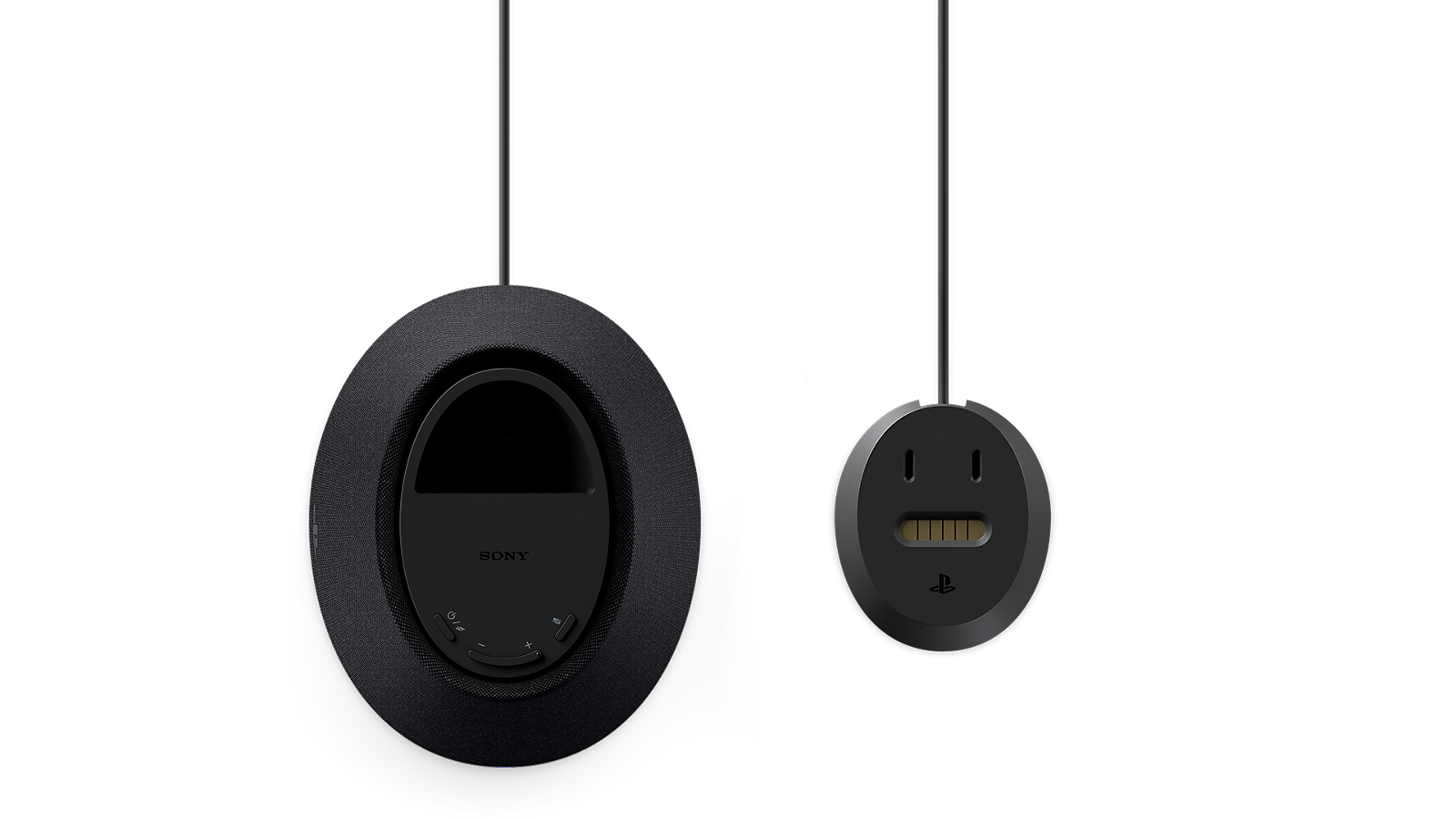Official PlayStation product image showing the underside controls and charging dock for the black Pulse Elevate speaker.