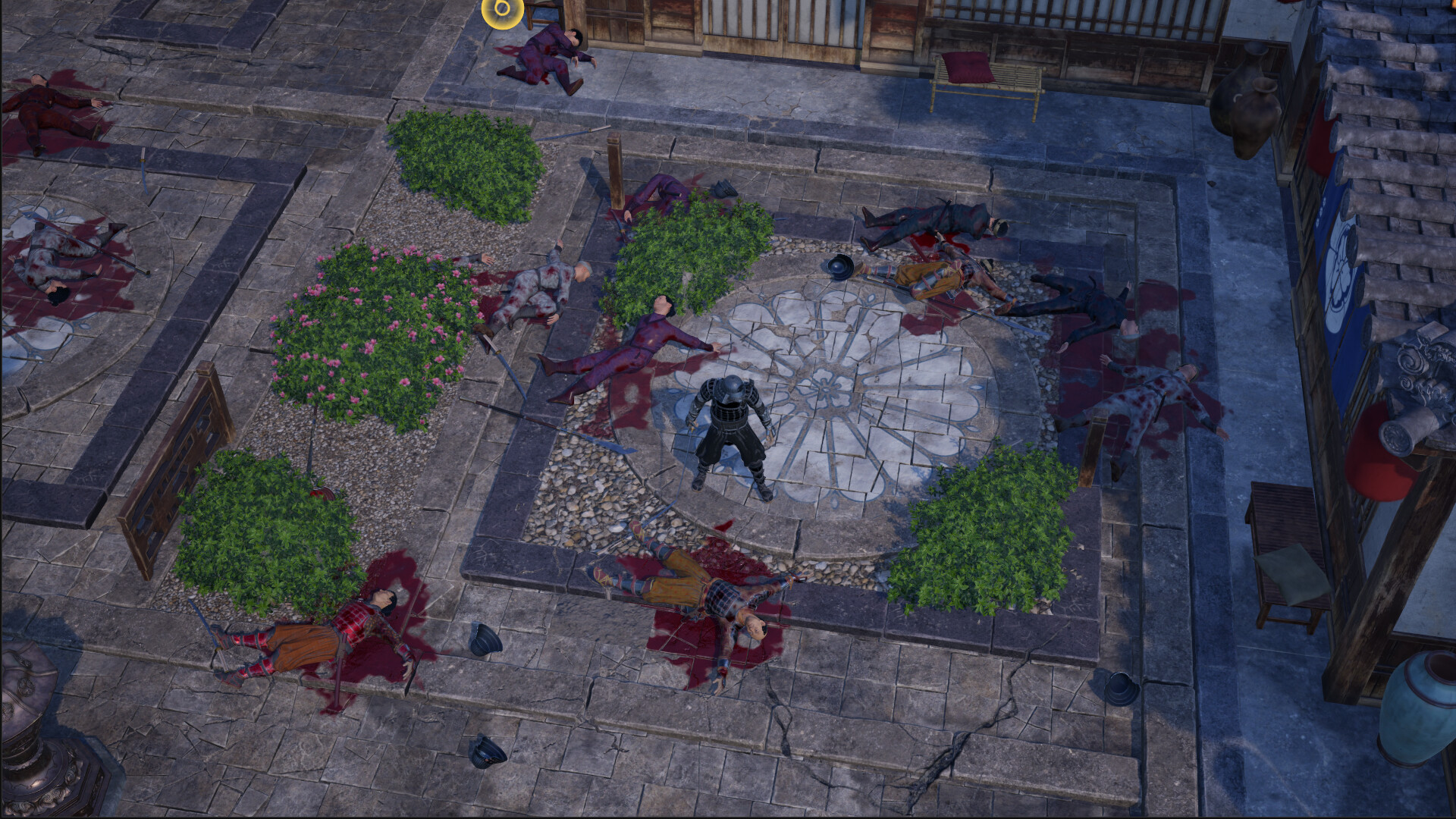 Official Samurai: Ronin's Path Steam screenshot showing the top-down samurai fighter facing multiple enemies in a torch-lit combat arena.