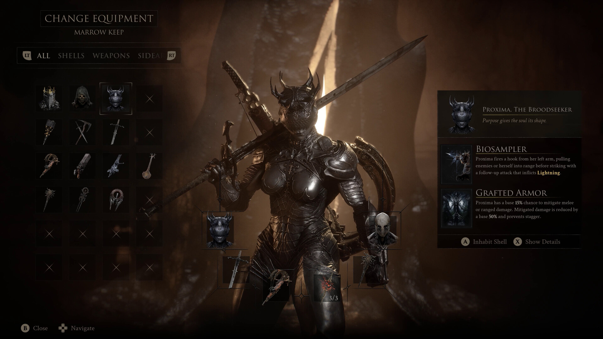 Official Mortal Shell II screenshot showing a player character facing a large creature in a dark, torchlit environment.