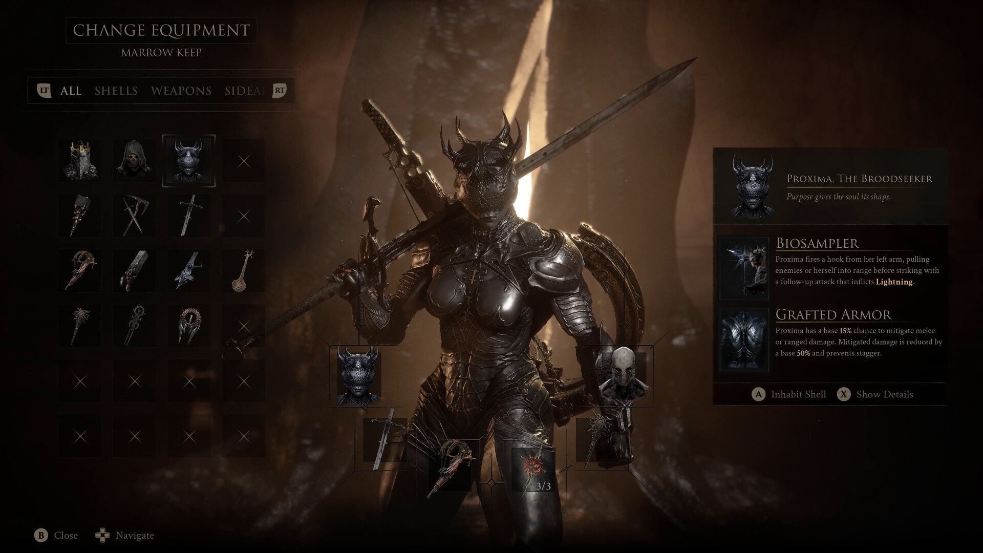 Official Mortal Shell II screenshot showing a player character facing a large creature in a dark, torchlit environment.