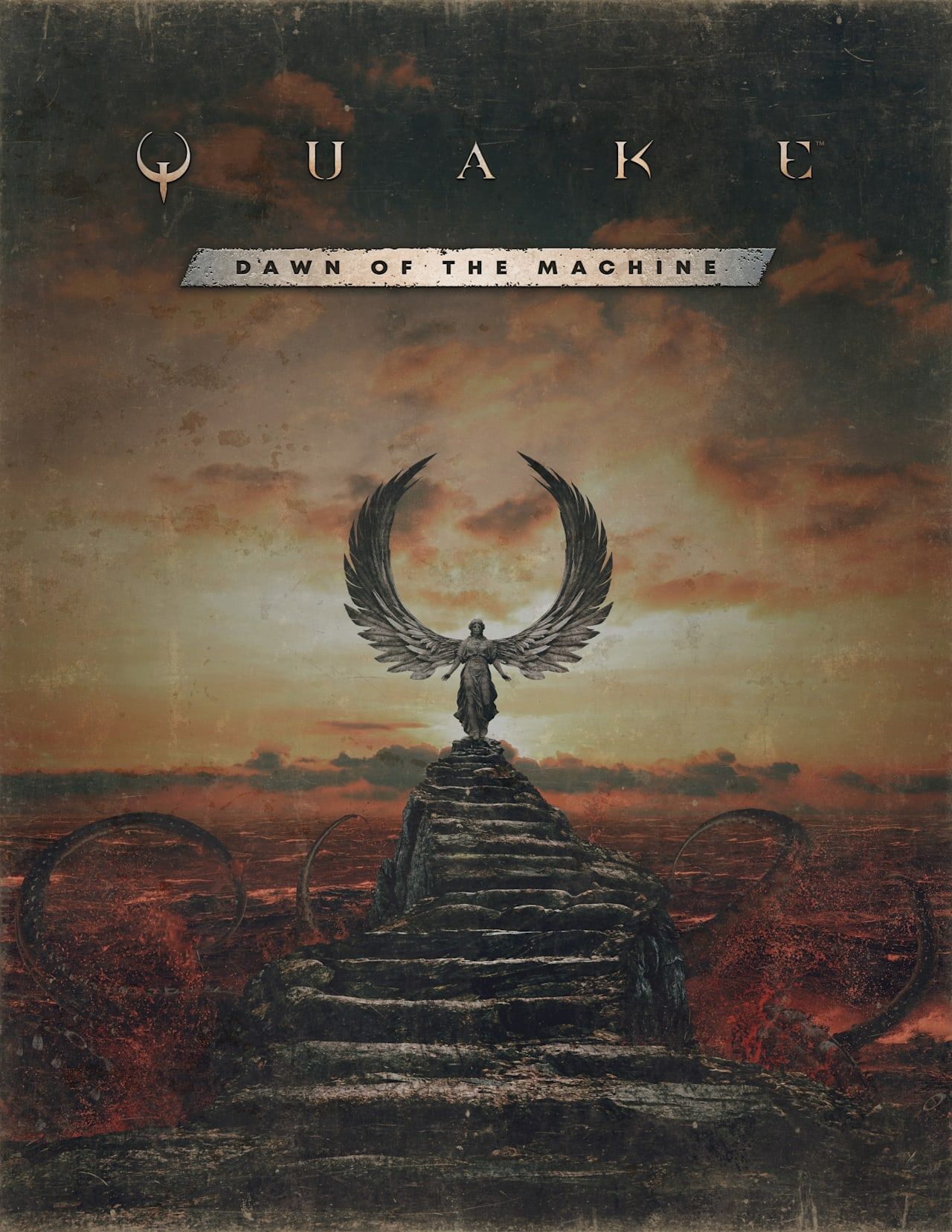 Official Dawn of the Machine key art with a statue forming the Quake symbol.
