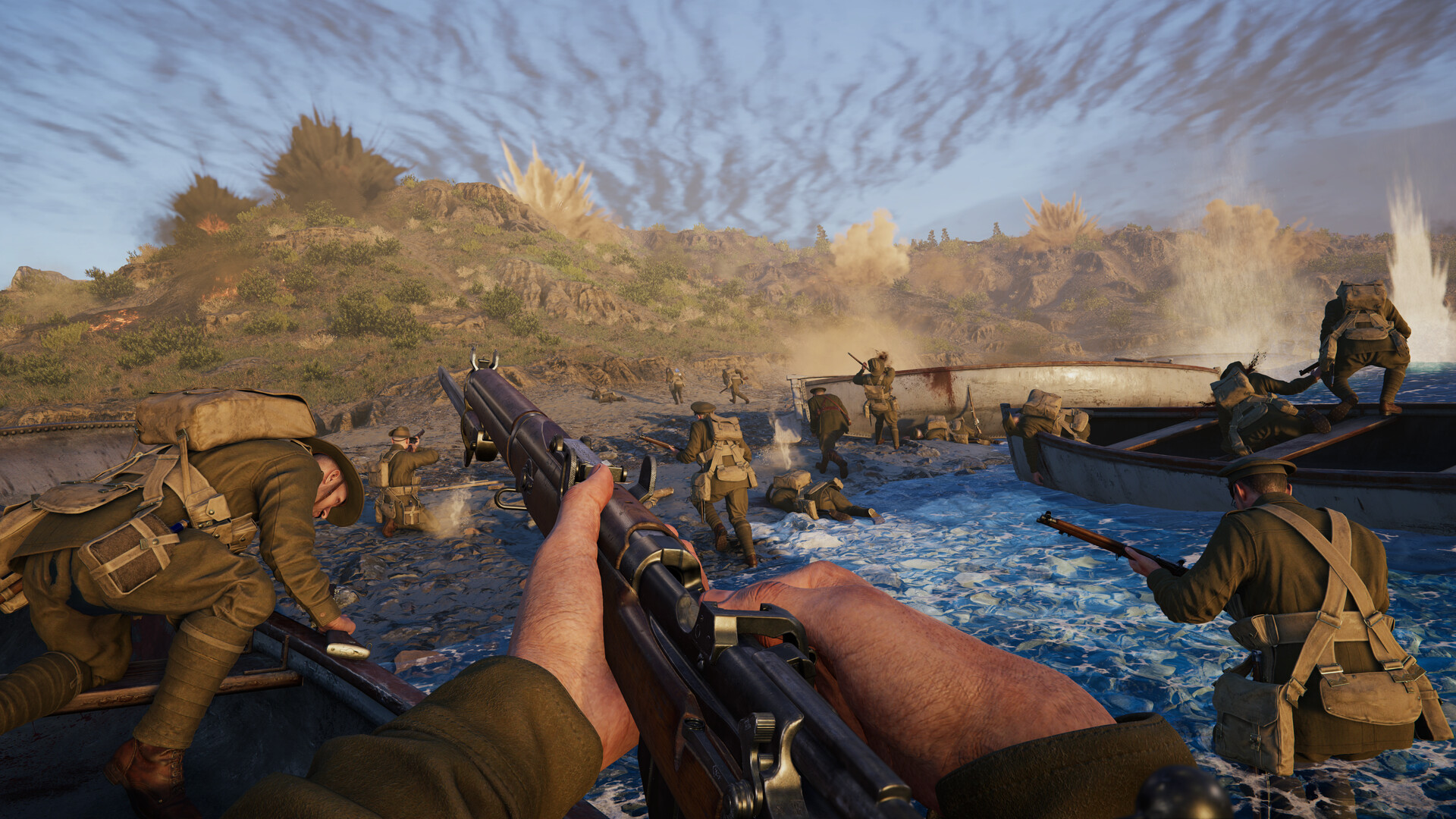 Official Gallipoli screenshot showing soldiers moving across a rugged battlefield under fire.