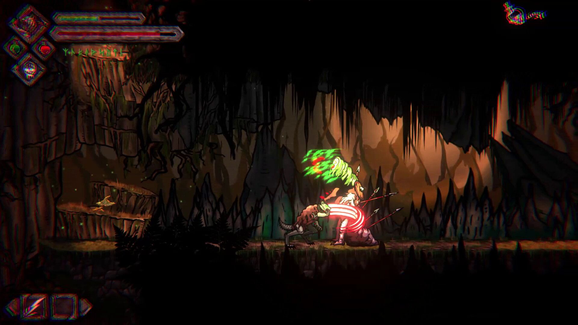 Official Volkolak: The Will of Gods screenshot showing the player character on a wooden platform above enemies in a dark cavern.