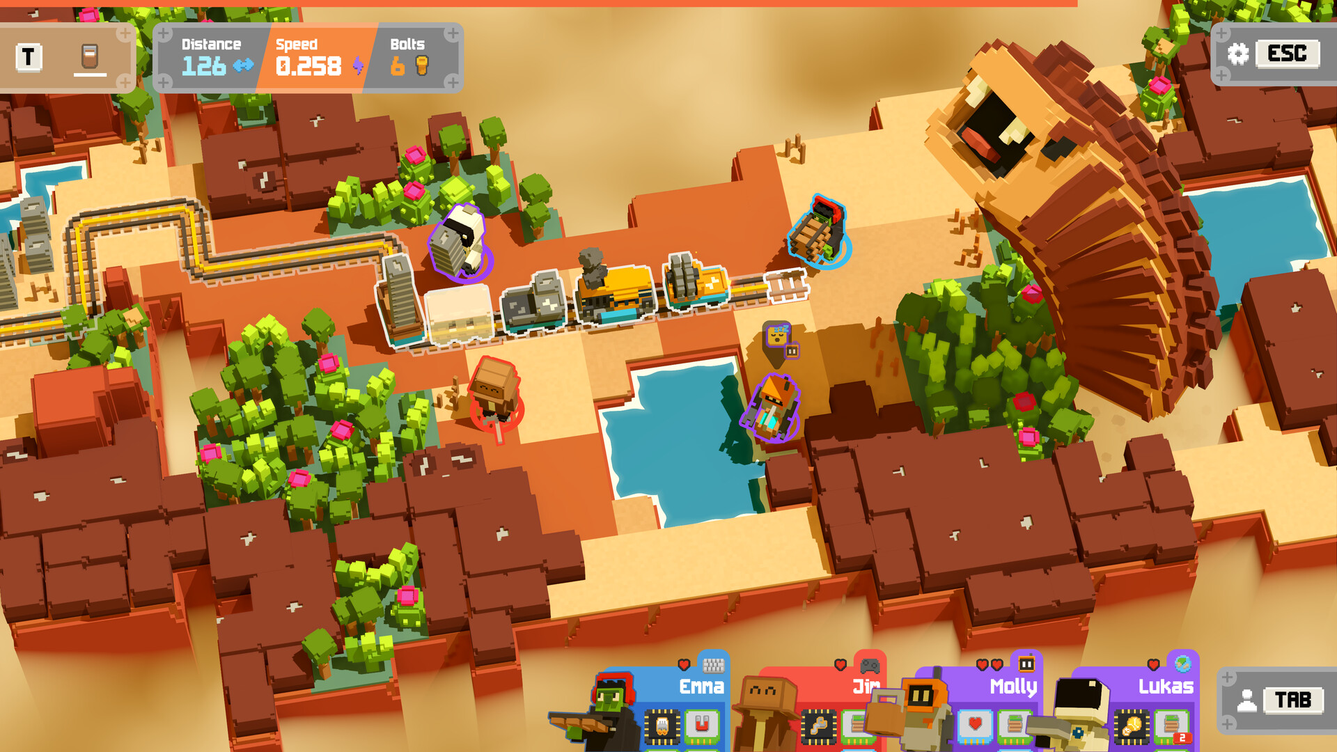 Official Unrailed 2 Steam screenshot showing players building track and managing the moving train in co-op.