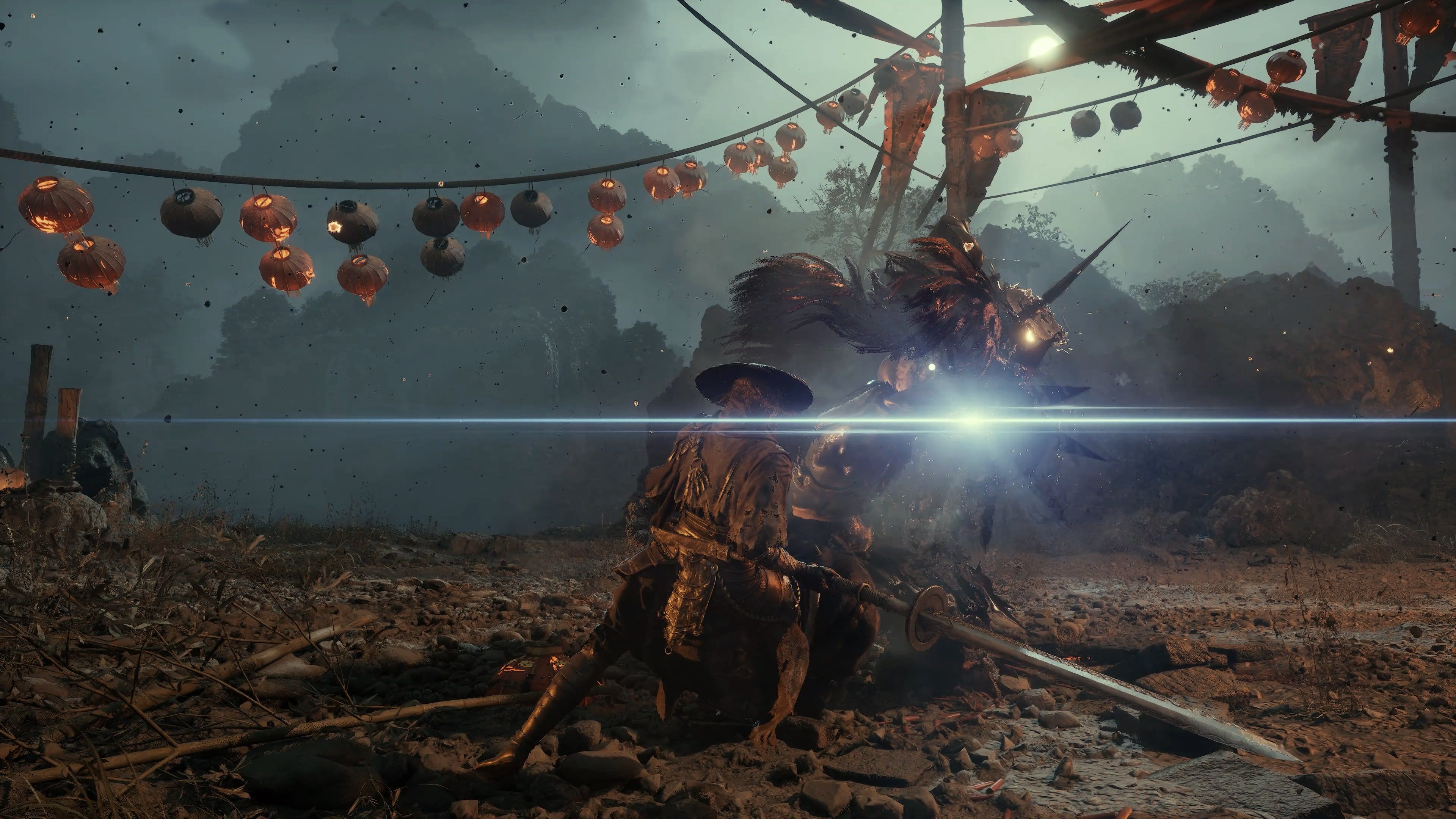 Official Phantom Blade Zero screenshot showing Soul crouched with his sword drawn as a glowing enemy charges beneath hanging lanterns.