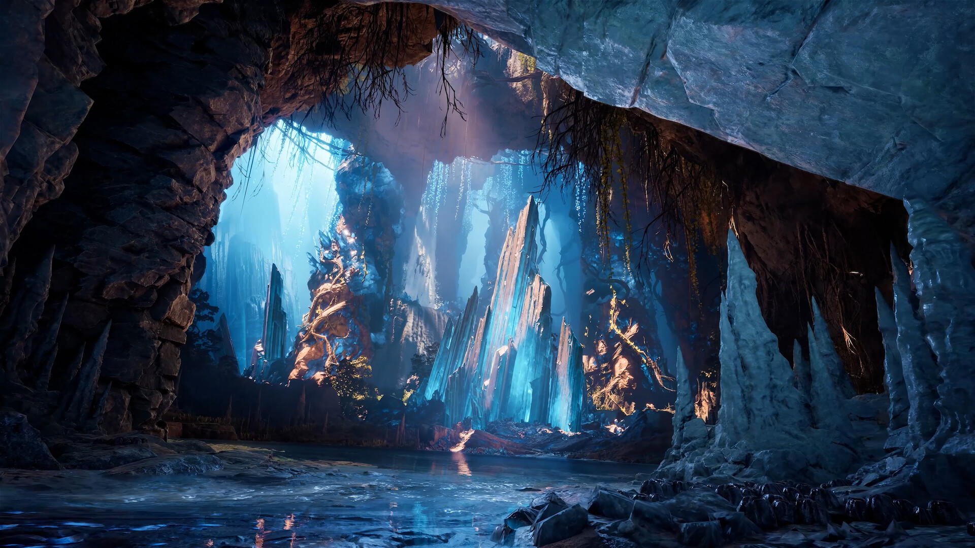 Blue light illuminates crystals, rock pillars and water inside a cavern.