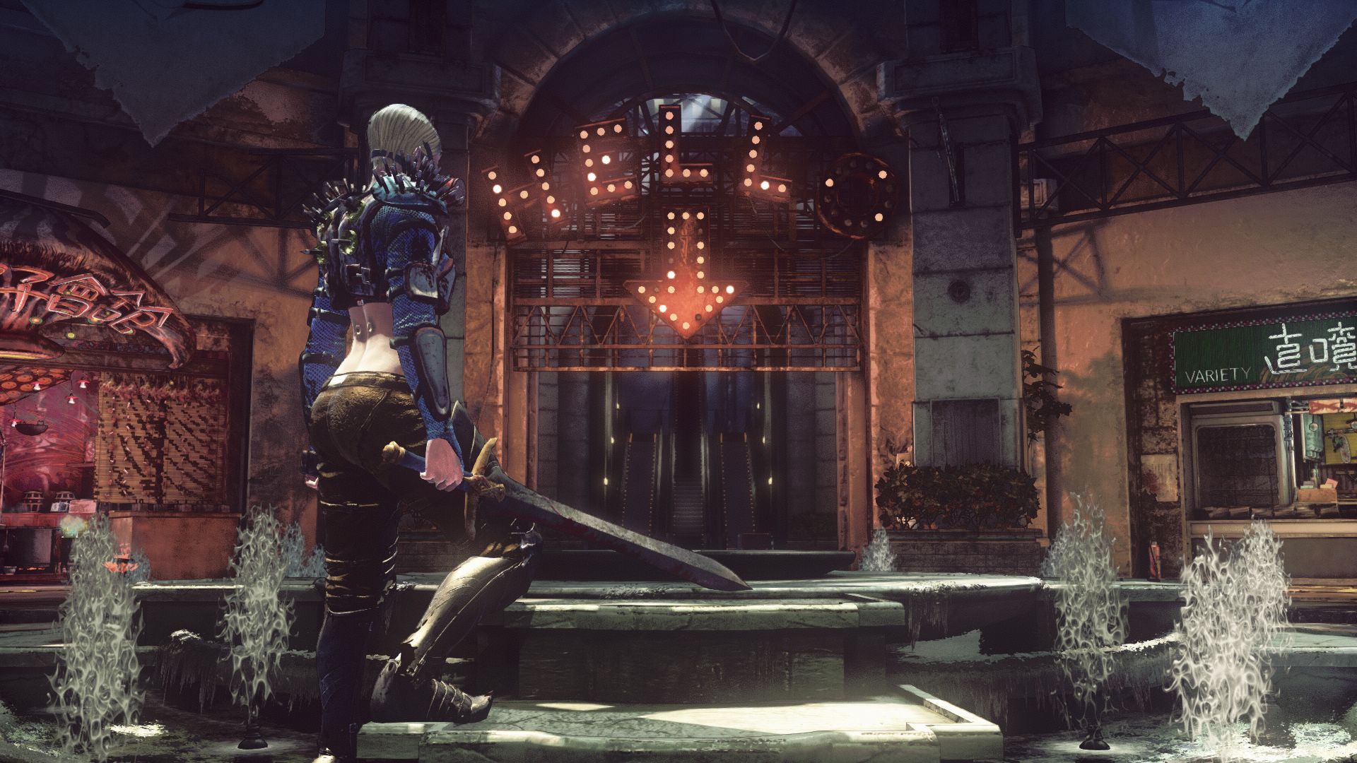 Official LET IT DIE Steam screenshot showing combat inside the Tower of Barbs.