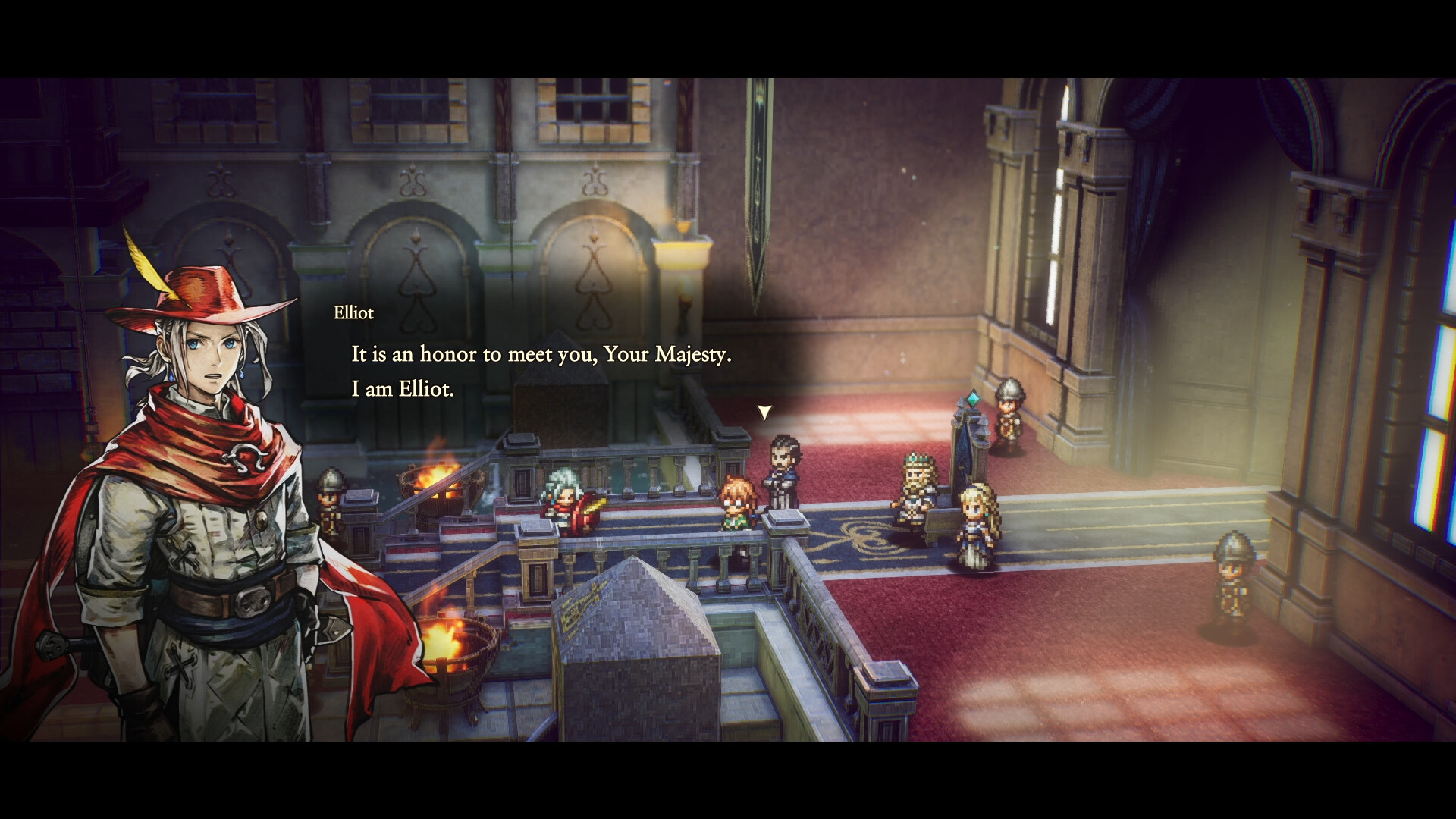 Official The Adventures of Elliot screenshot showing Elliot in a palace scene with dialogue and the game's HD-2D presentation.