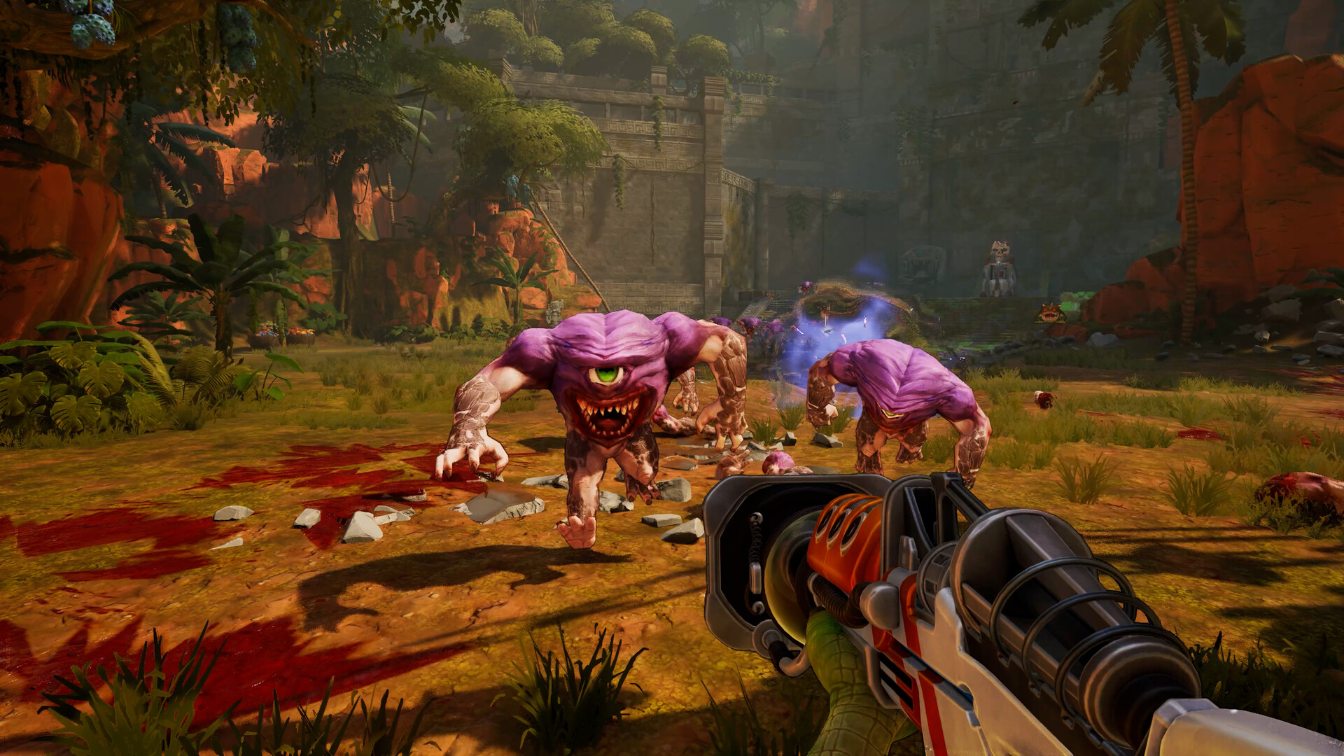Official Serious Sam: Shatterverse Steam screenshot showing first-person combat in one of the game's arenas.