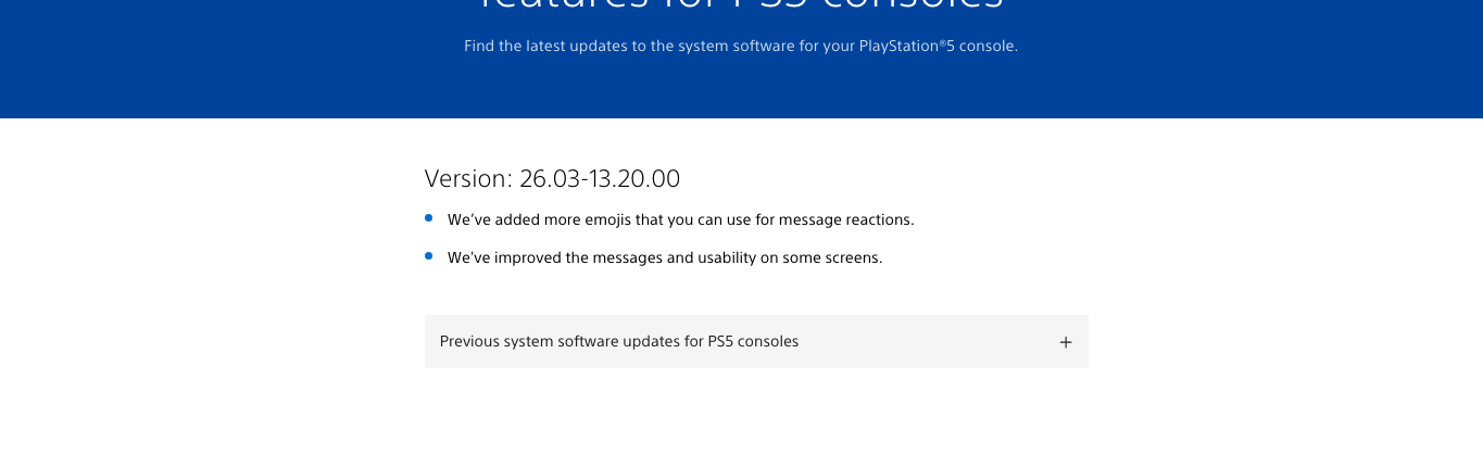 Official PlayStation support page screenshot showing the PS5 version 26.03-13.20.00 notes, which do not mention the digital license-check behavior at the center of the story.