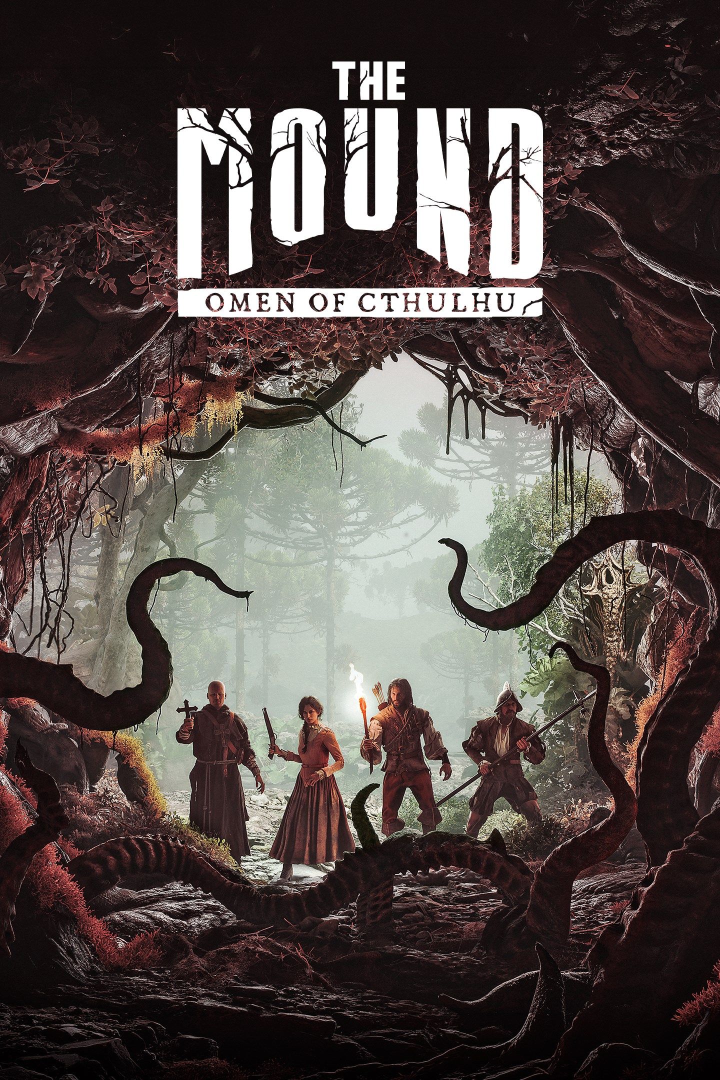 Official The Mound: Omen of Cthulhu key art showing the game logo above four explorers in a distorted jungle cave.