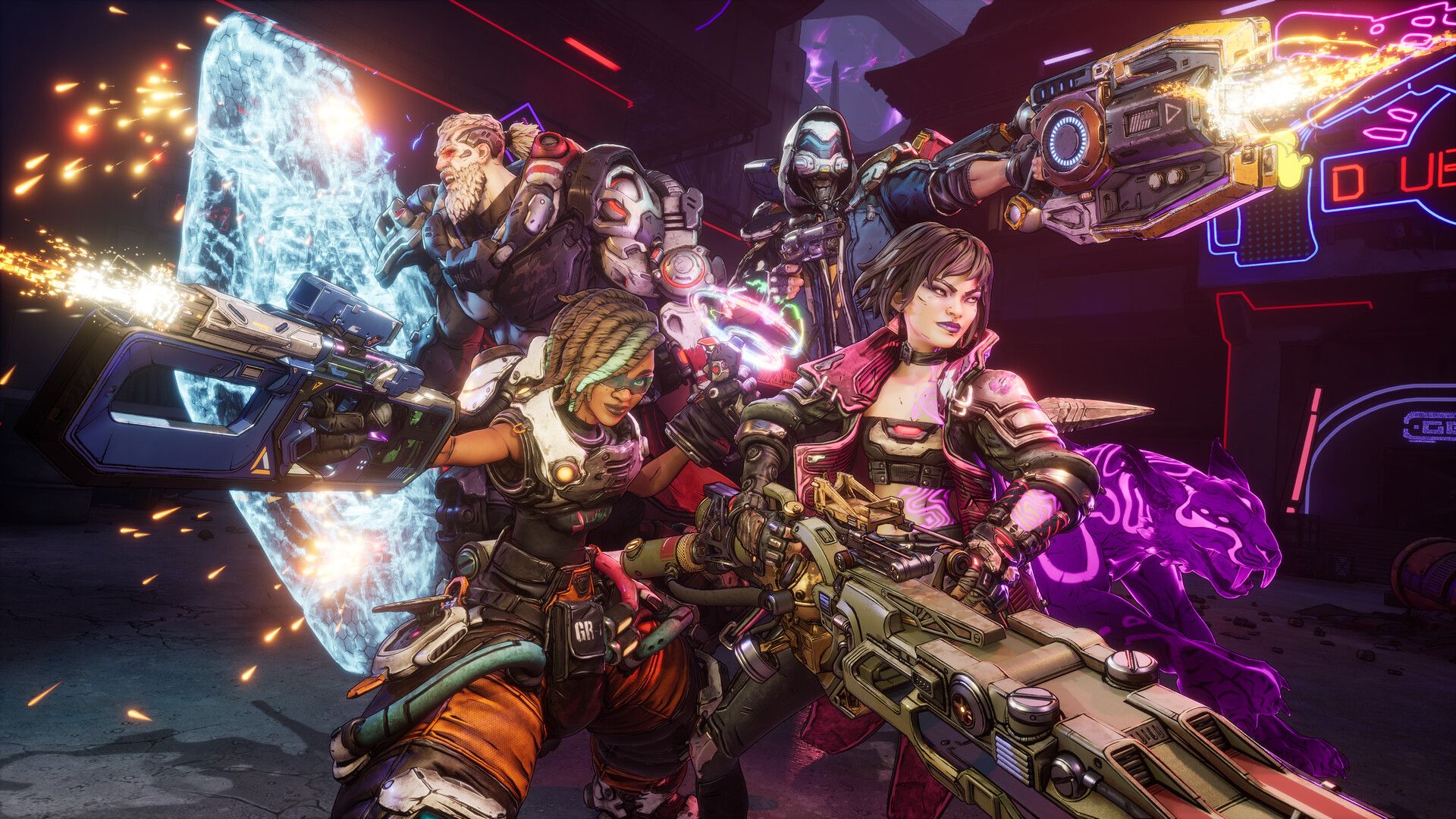 Official Borderlands 4 Steam screenshot showing a firefight in one of the game's outdoor combat spaces.