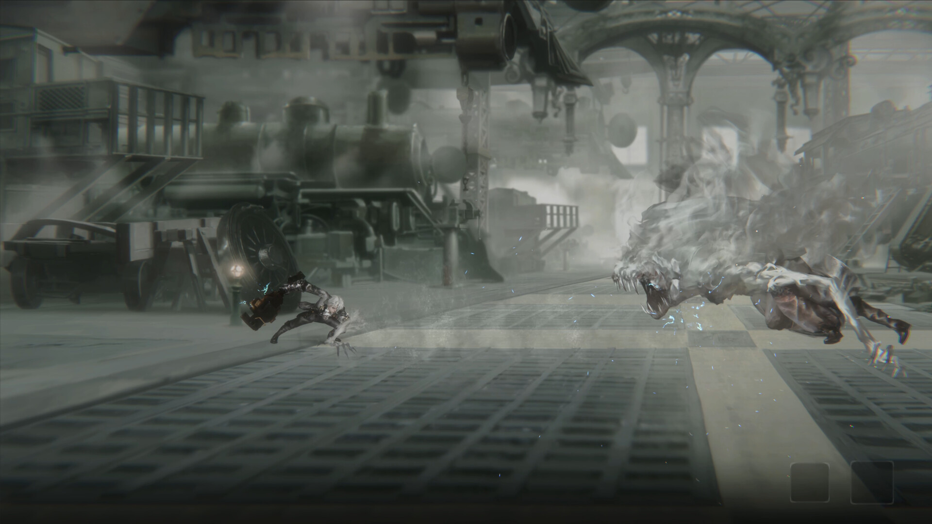 Official Vapor World screenshot showing the player character dodging a ghostly wolf-like enemy in a foggy train-station arena.