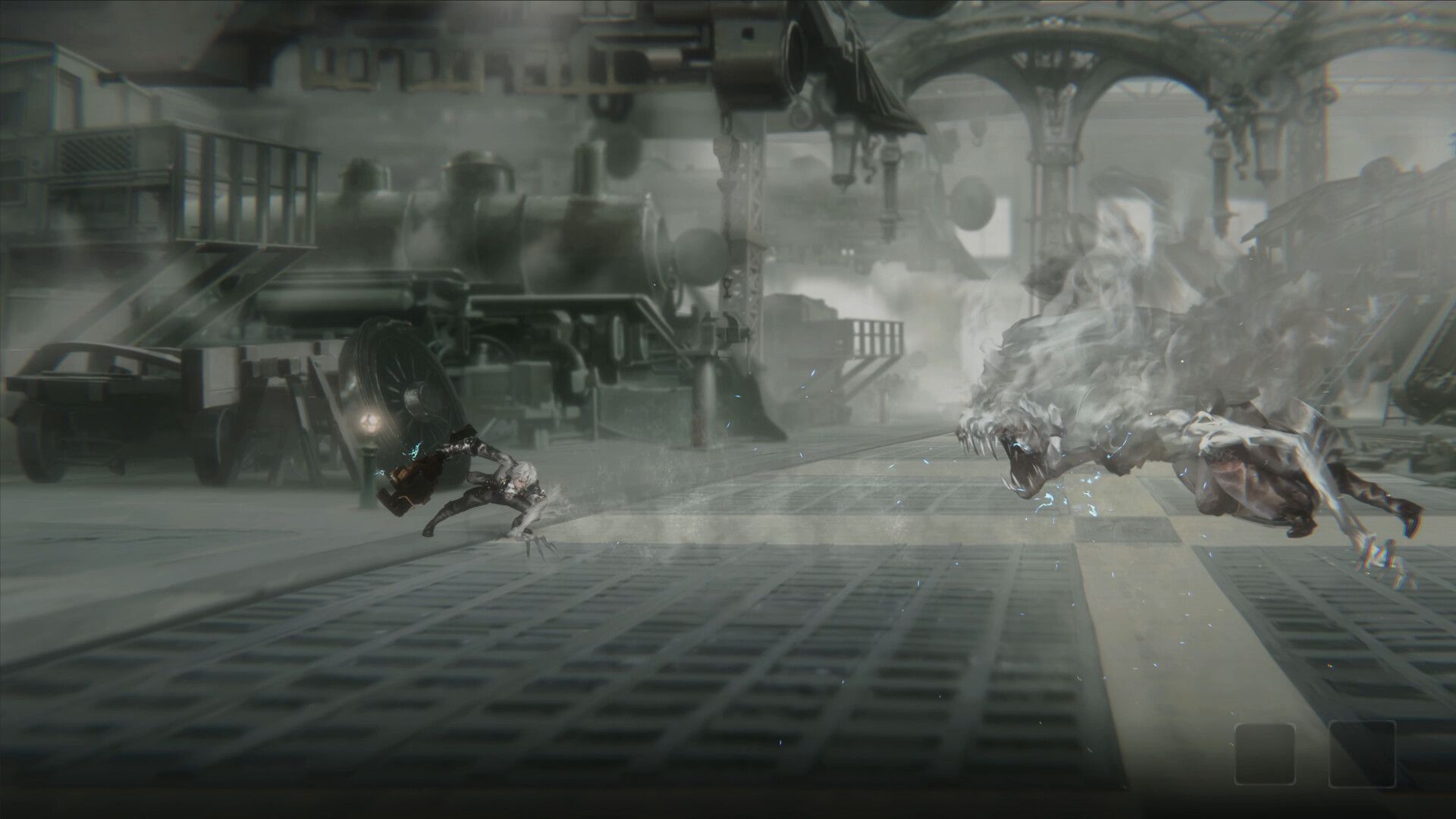 Official Vapor World screenshot showing the player character dodging a ghostly wolf-like enemy in a foggy train-station arena.