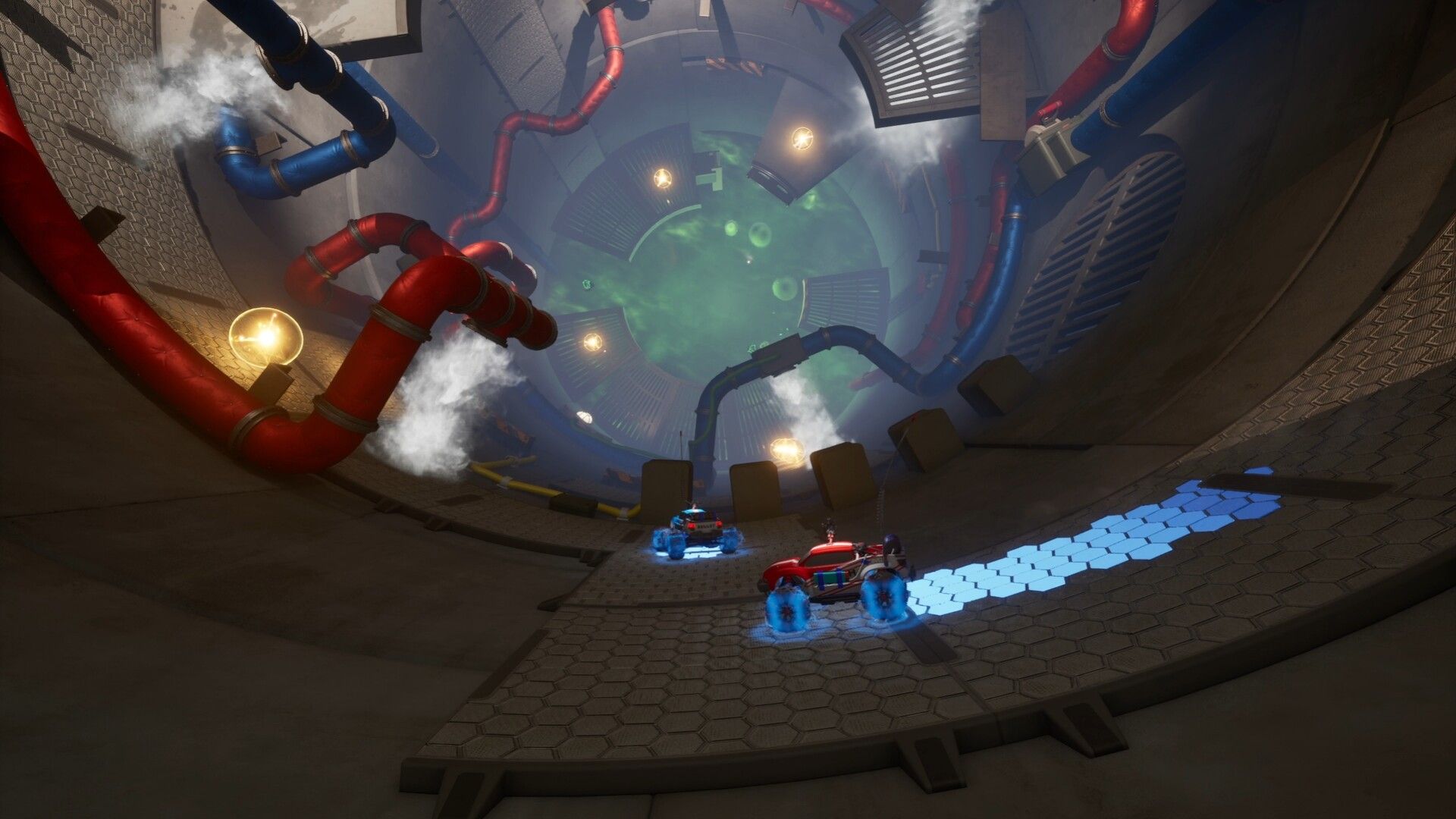 Official WheelMates Steam screenshot showing two small RC cars driving through another puzzle-heavy interior area.