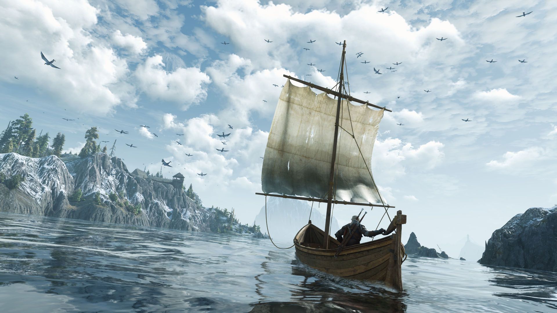 Official Xbox Wire screenshot showing Geralt on a boat in The Witcher 3 Remastered.